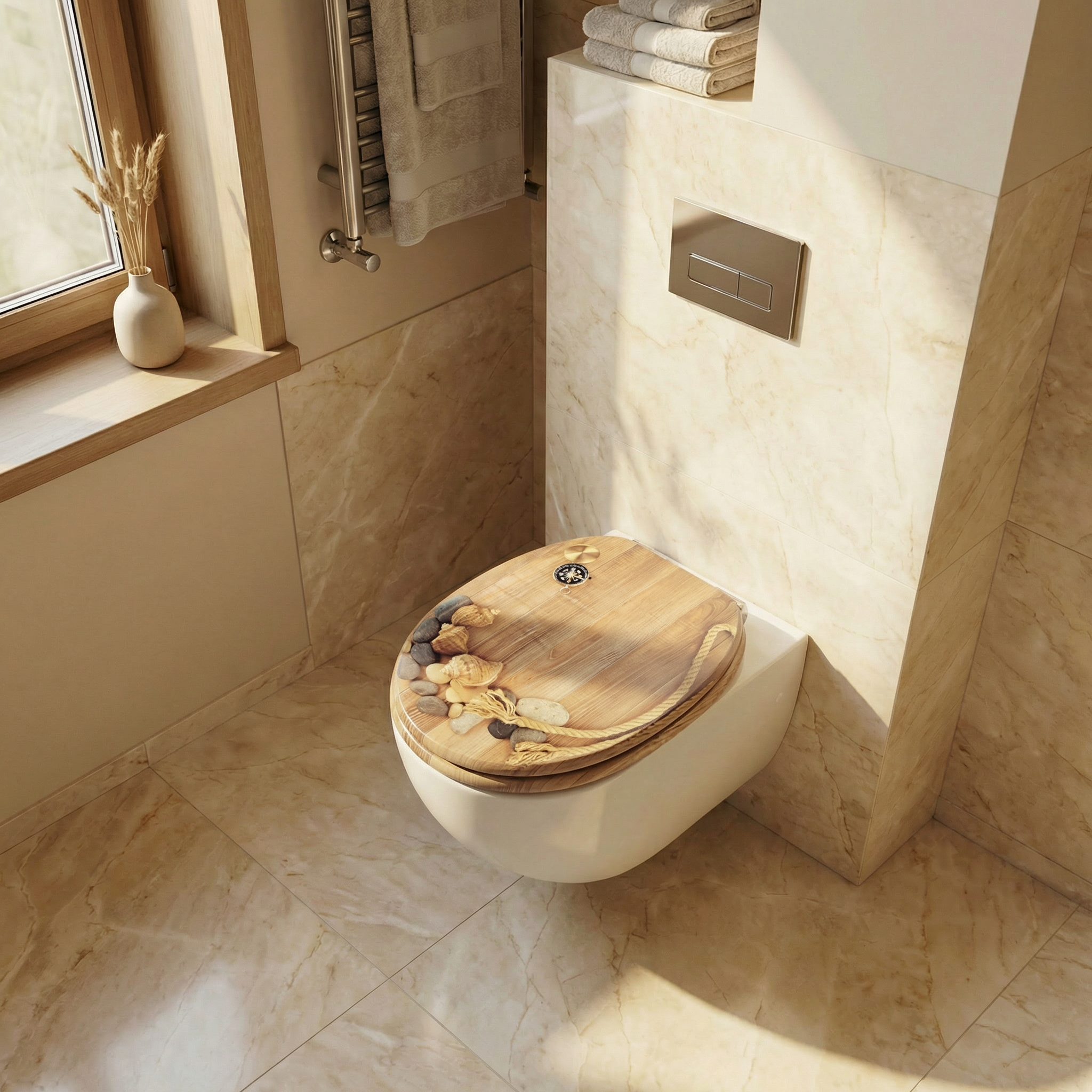 Nahaufnahme eines WC-Sitzes aus Duroplast mit Soft-Close-Funktion