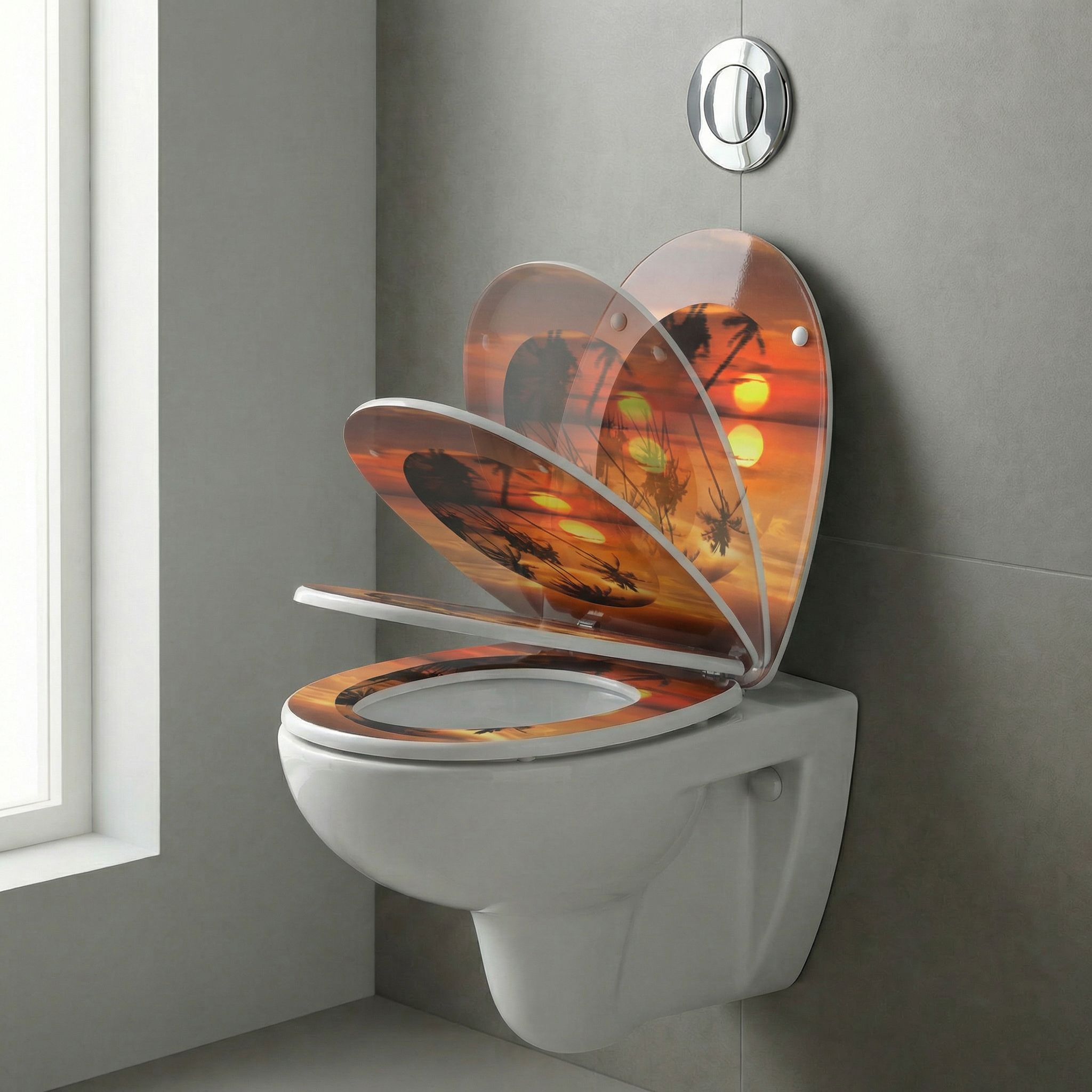 Drei verschiedene WC-Sitze, darunter ein Duravit ME by Starck WC-Sitz, nebeneinander zur Auswahl