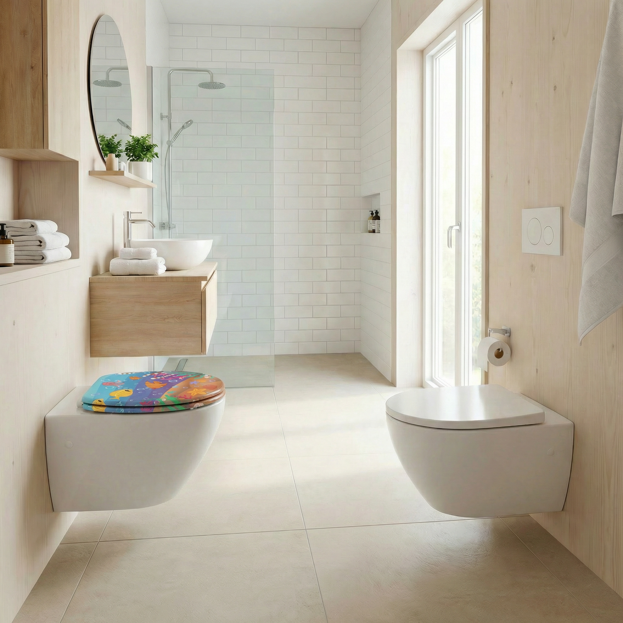 Eine Person misst einen runden Toilettensitz mit einem Maßband