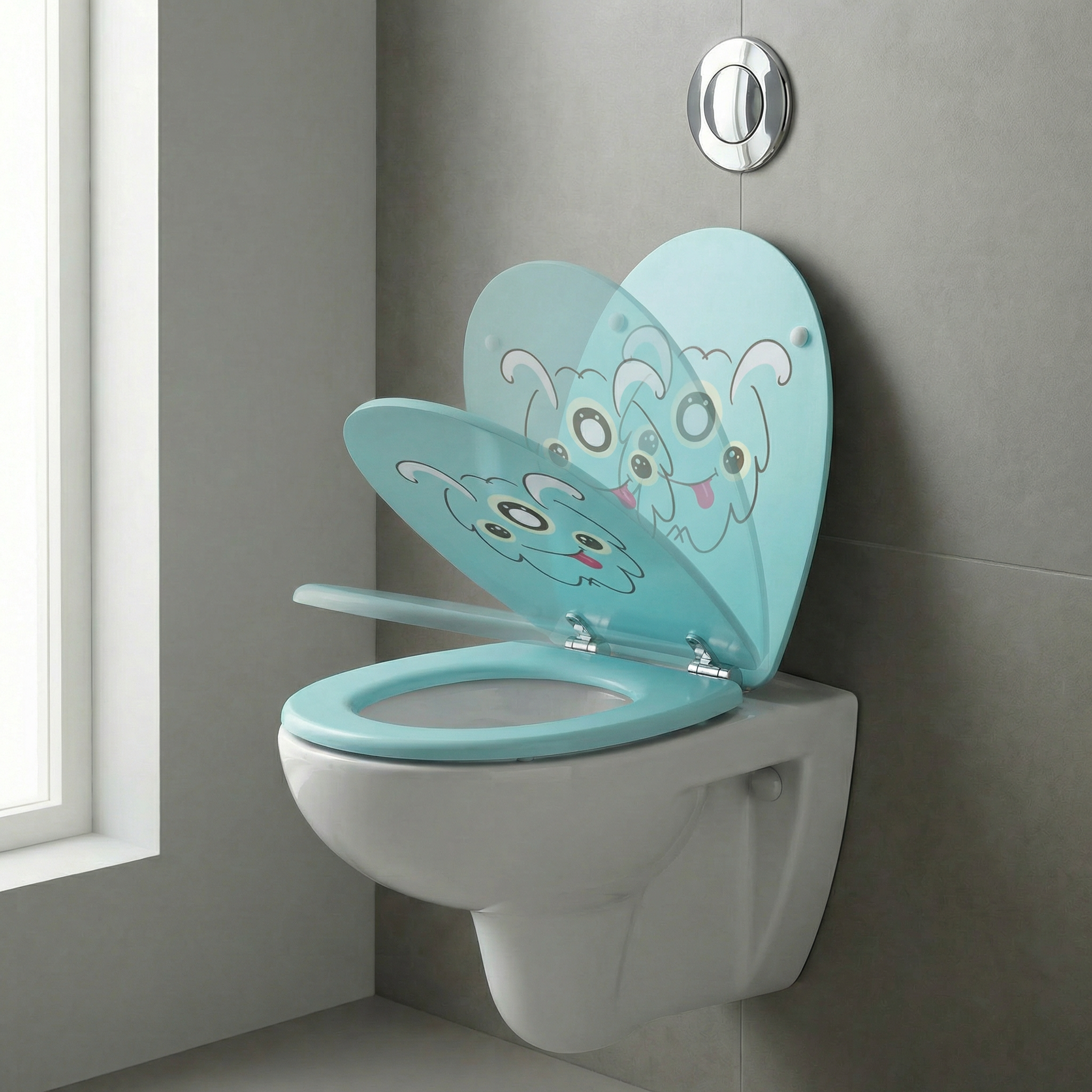 Nahaufnahme eines D-Form WC-Sitzes mit Soft-Close-Funktion