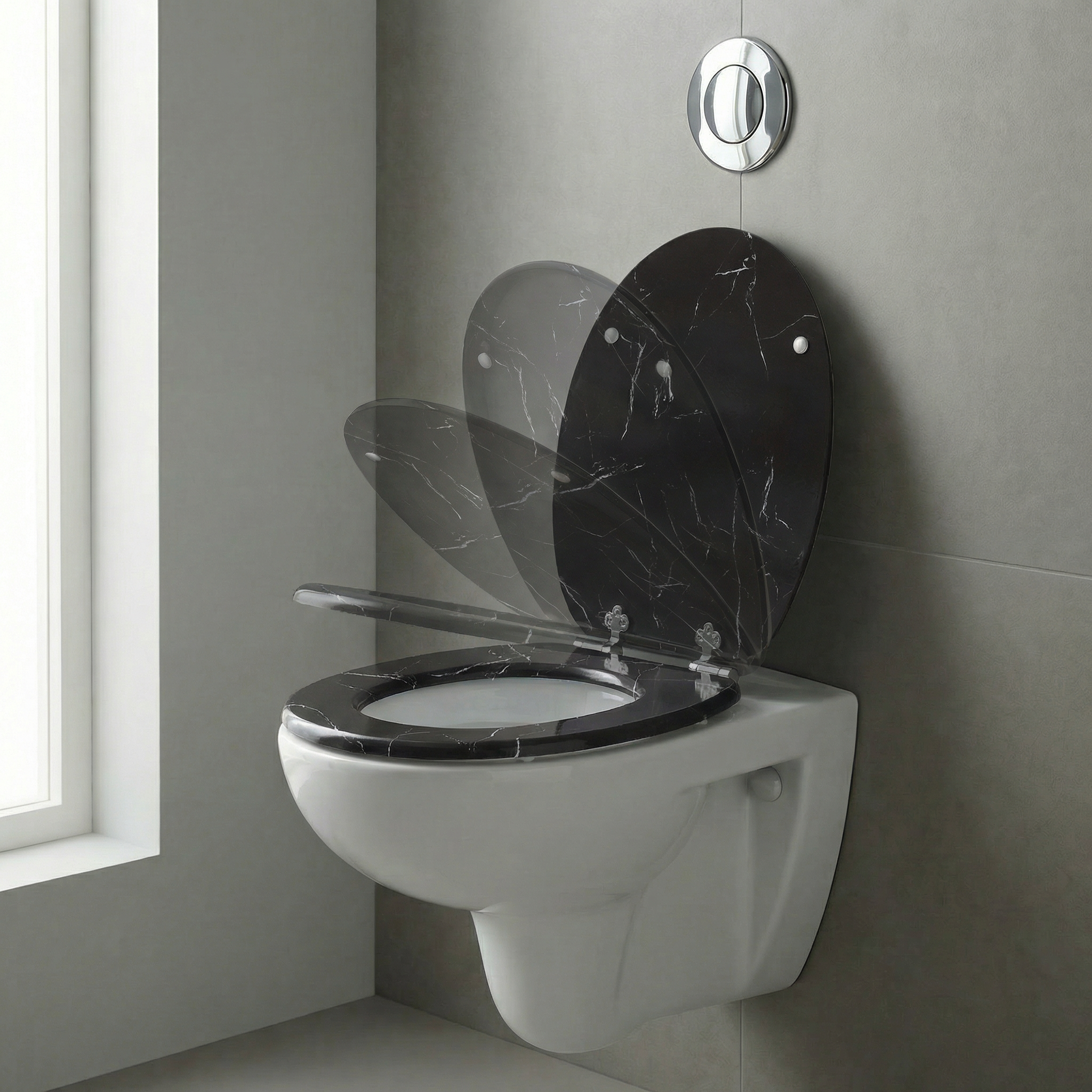 Detailansicht eines D-Form WC-Sitzes aus Duroplast mit Quick-Release Funktion