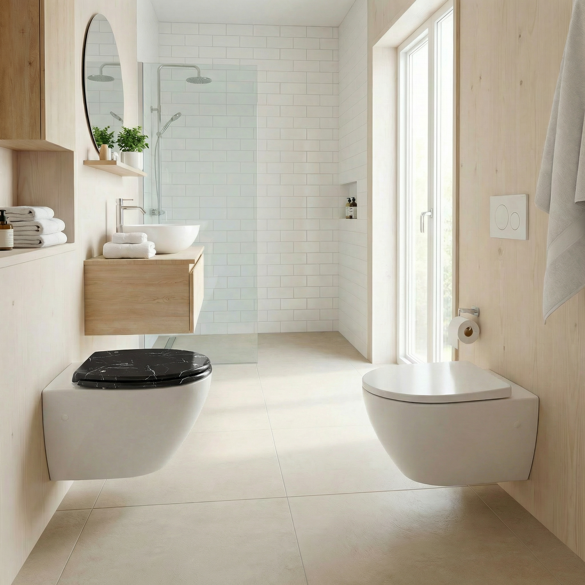 Verschiedene runde Toilettensitze in einer Reihe aufgereiht