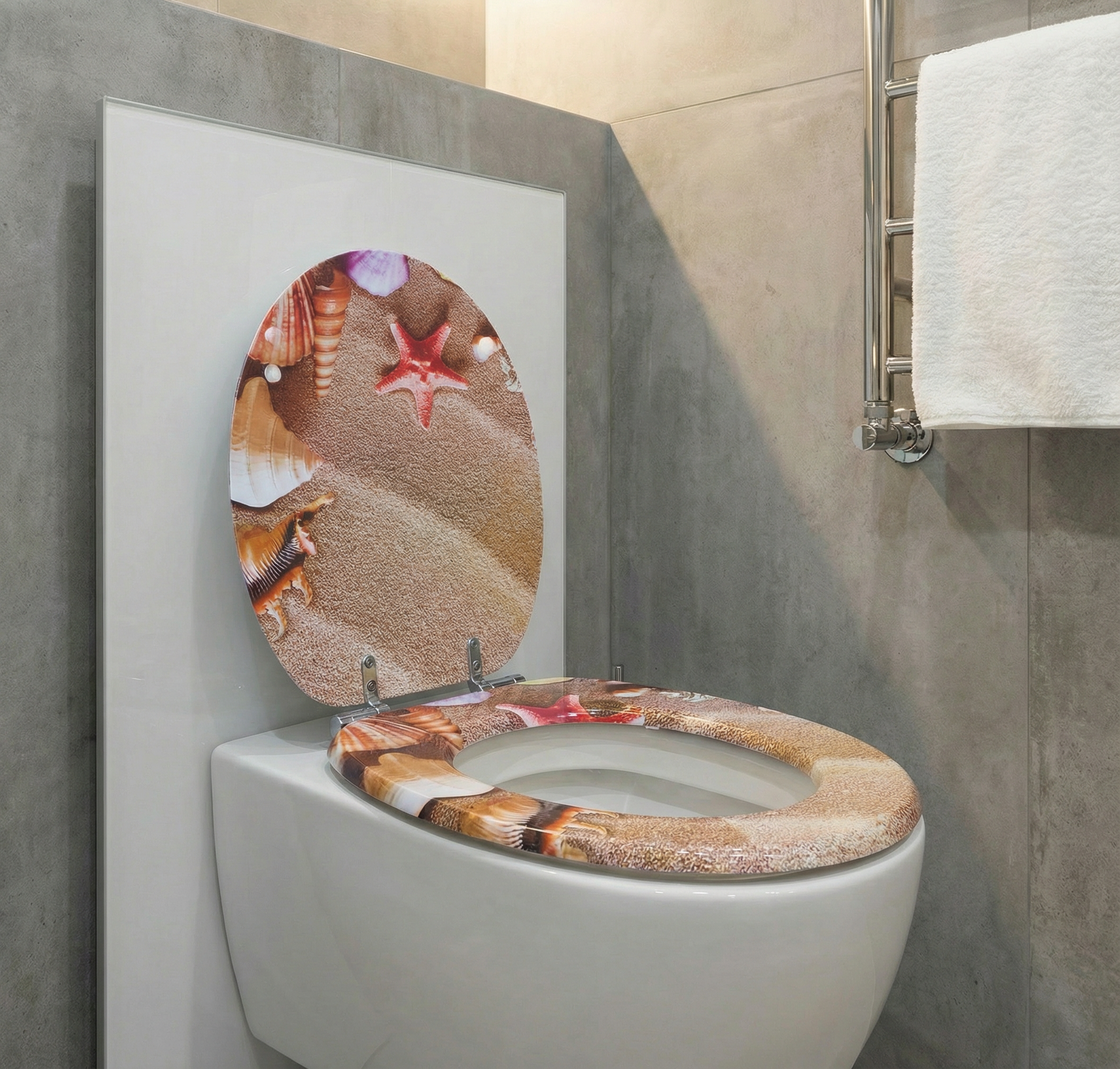 Nahaufnahme eines Duroplast WC-Sitzes mit Soft-Close-Funktion auf einer Keramag Toilette