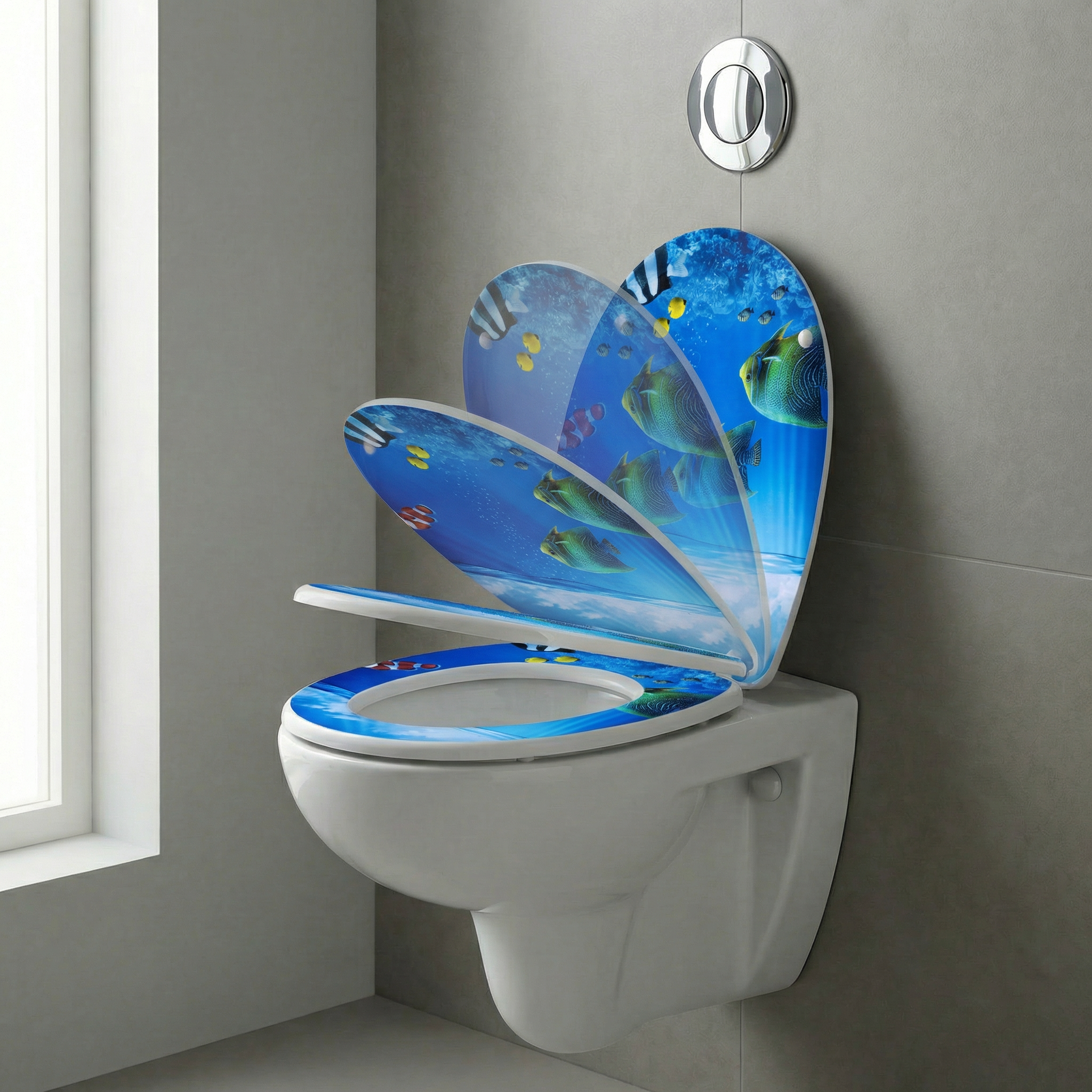 Verschiedene WC-Sitze in ovaler und D-Form auf einer Ausstellung