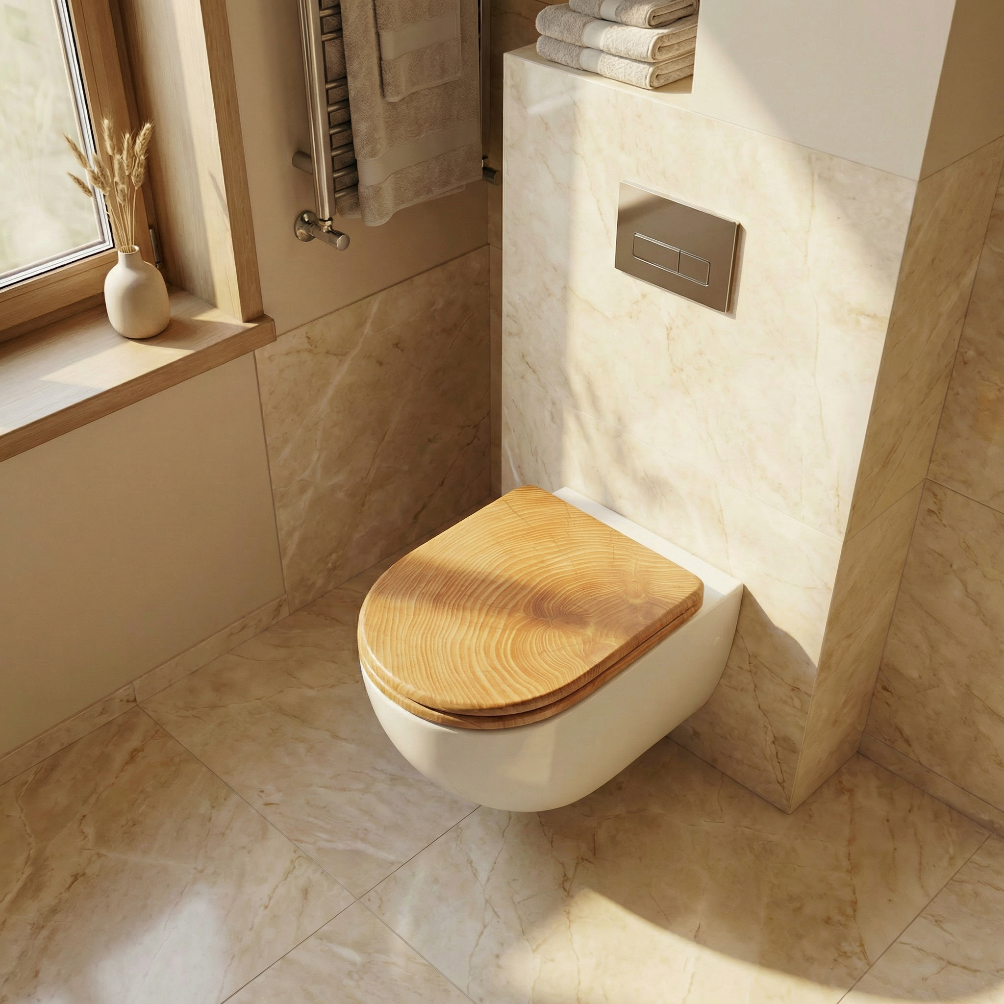 Verschiedene D-Form WC-Sitze in Beige, Grau und Salbeigrün