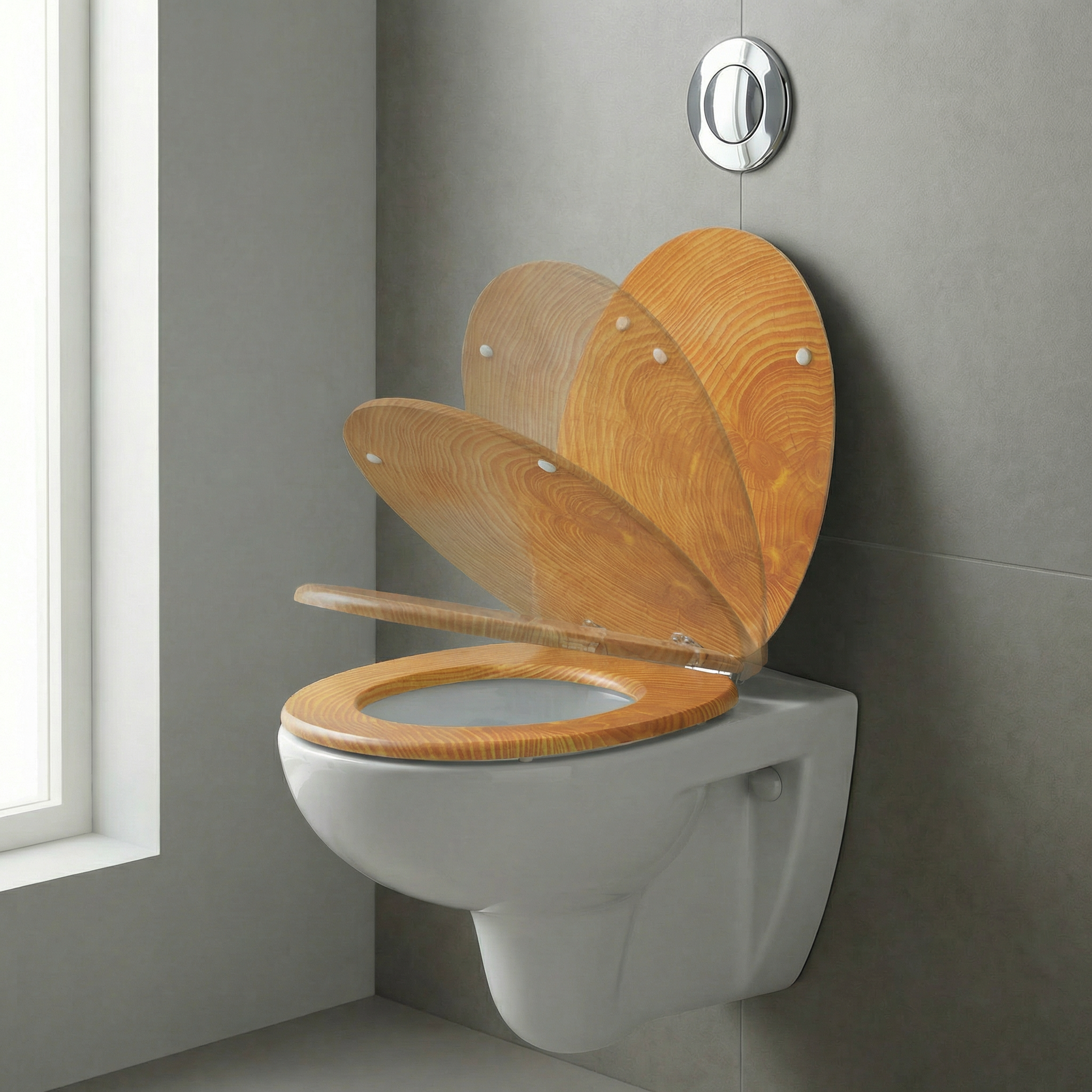 Ein eleganter runder Toilettensitz aus MDF mit glänzender Oberfläche in einem modernen Badezimmer