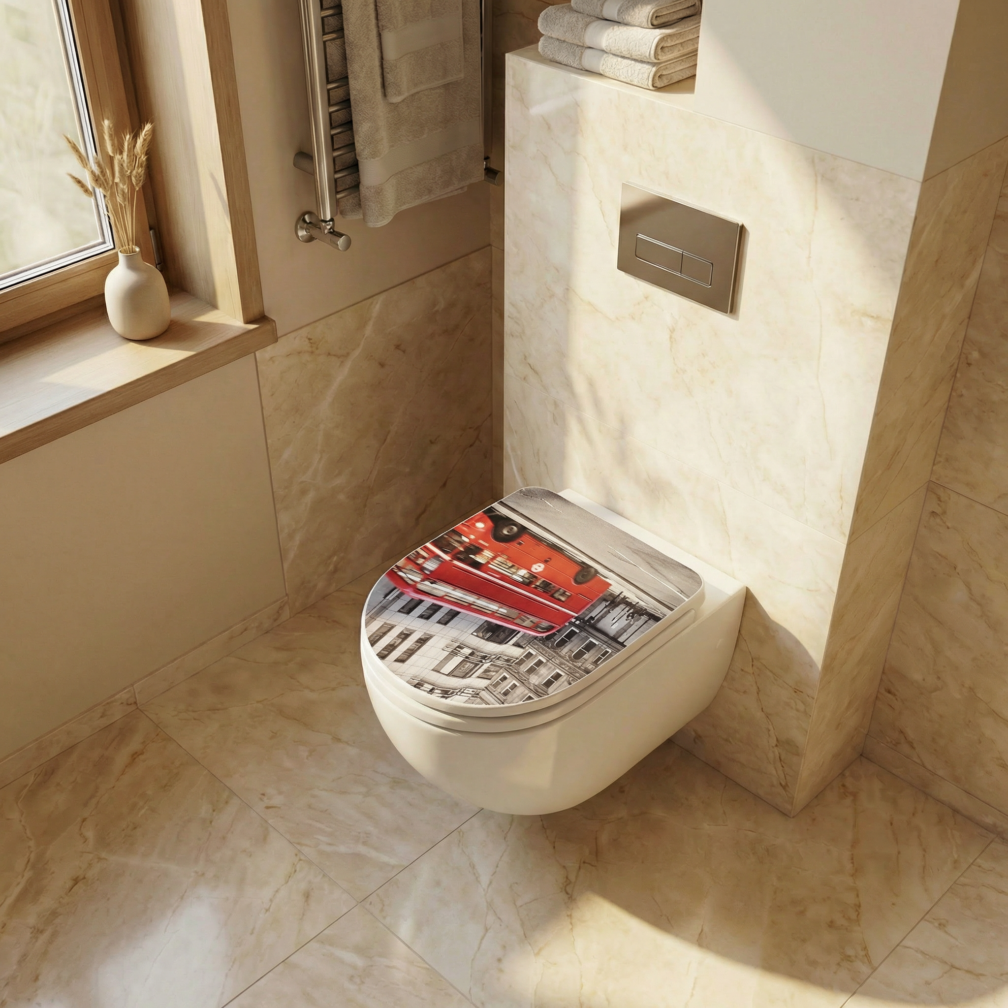 Verschiedene D-Form WC-Sitze aus Duroplast, Holz und Kunststoff nebeneinander