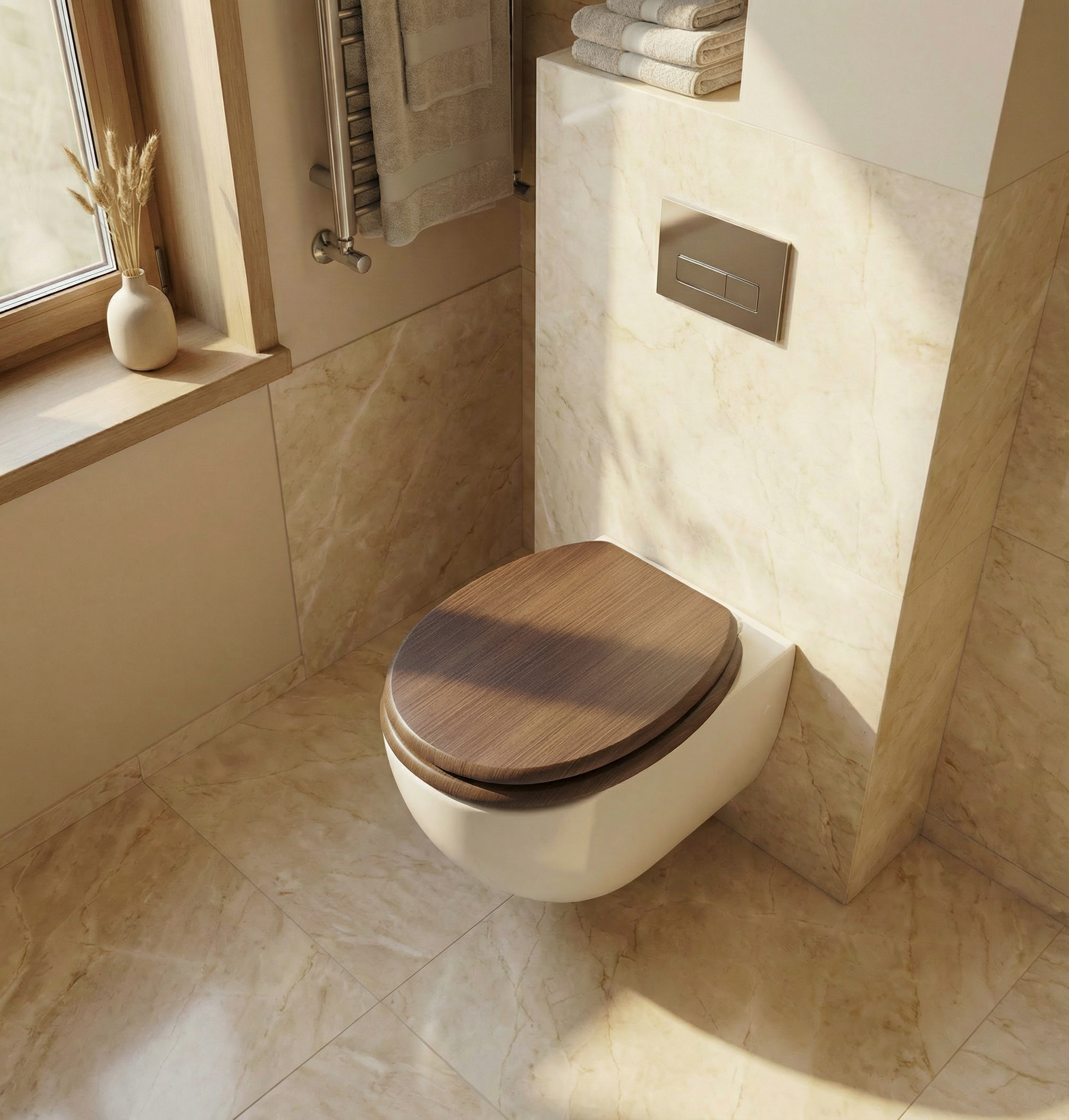 Person montiert einen Quick-Release WC-Sitz auf einer Toilette, Nahaufnahme der Befestigung