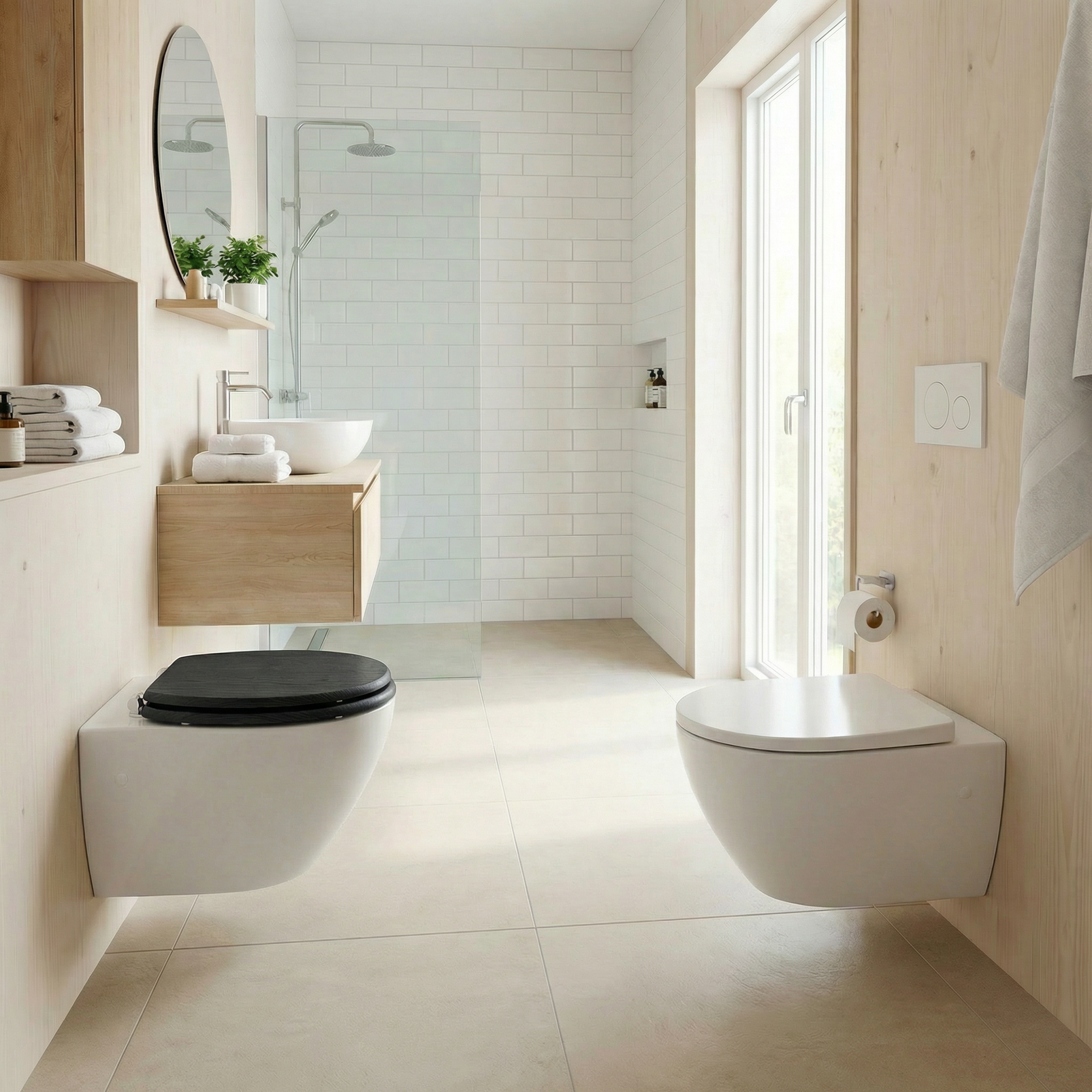 Nahaufnahme eines perfekt passenden WC-Sitzes auf einer Toilette, der den Komfort und die Ästhetik des Badezimmers unterstreicht.