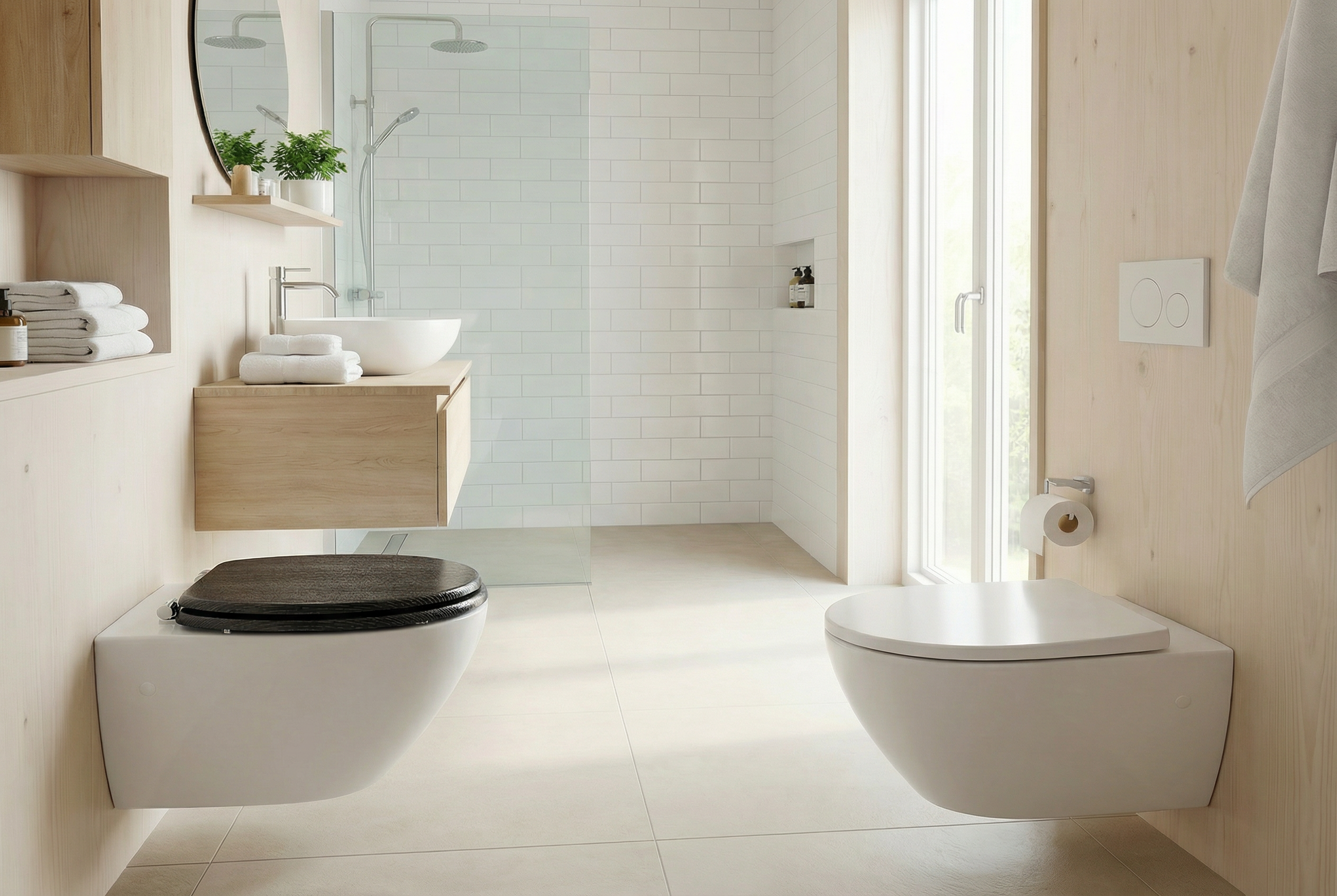 Eine Person misst eine Toilette mit einem Maßband, um die Kompatibilität des WC-Sitzes zu prüfen.