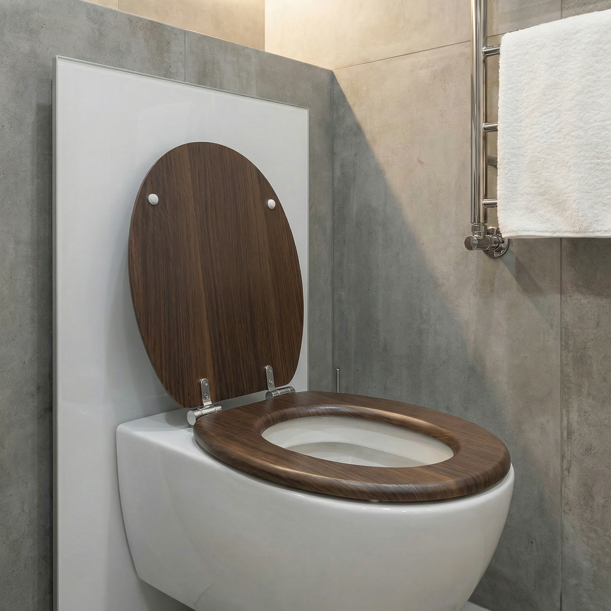 Nahaufnahme einer Hand, die eine WC-Sitz-Schraube mit einem Schraubenschlüssel anzieht