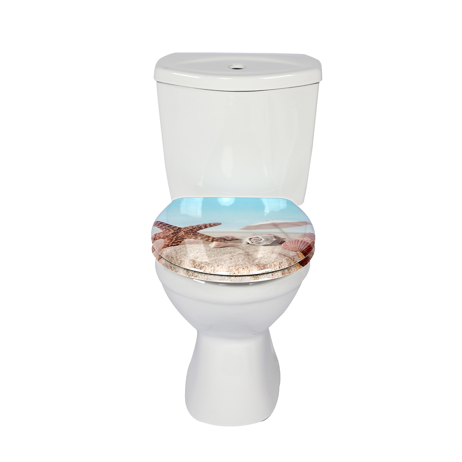 Nahaufnahme eines Quick-Release WC-Sitzes, der leicht angehoben ist und den Blick auf die gereinigten Scharniere freigibt