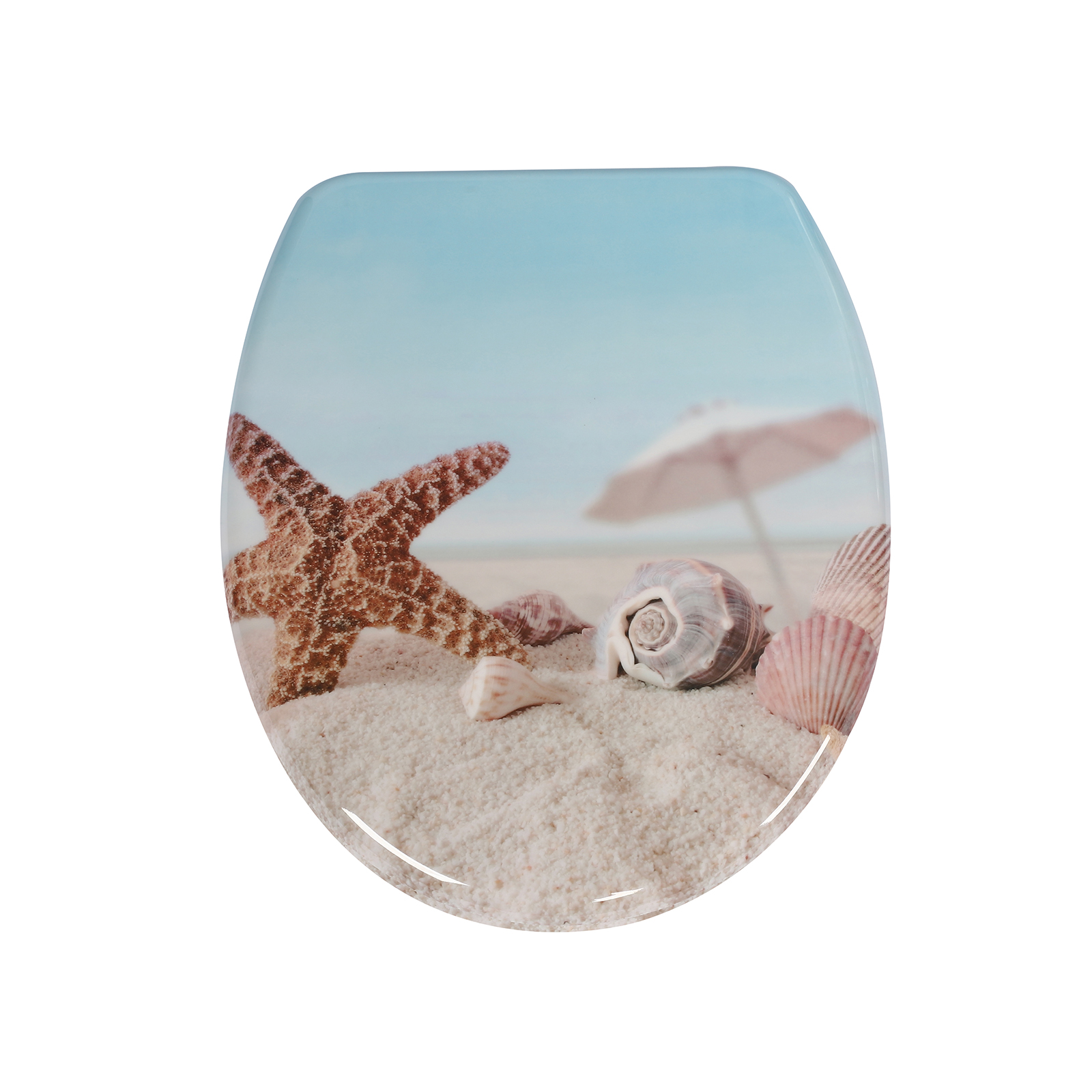 Eine Hand demonstriert die sanfte Absenkautomatik eines WC-Sitzes