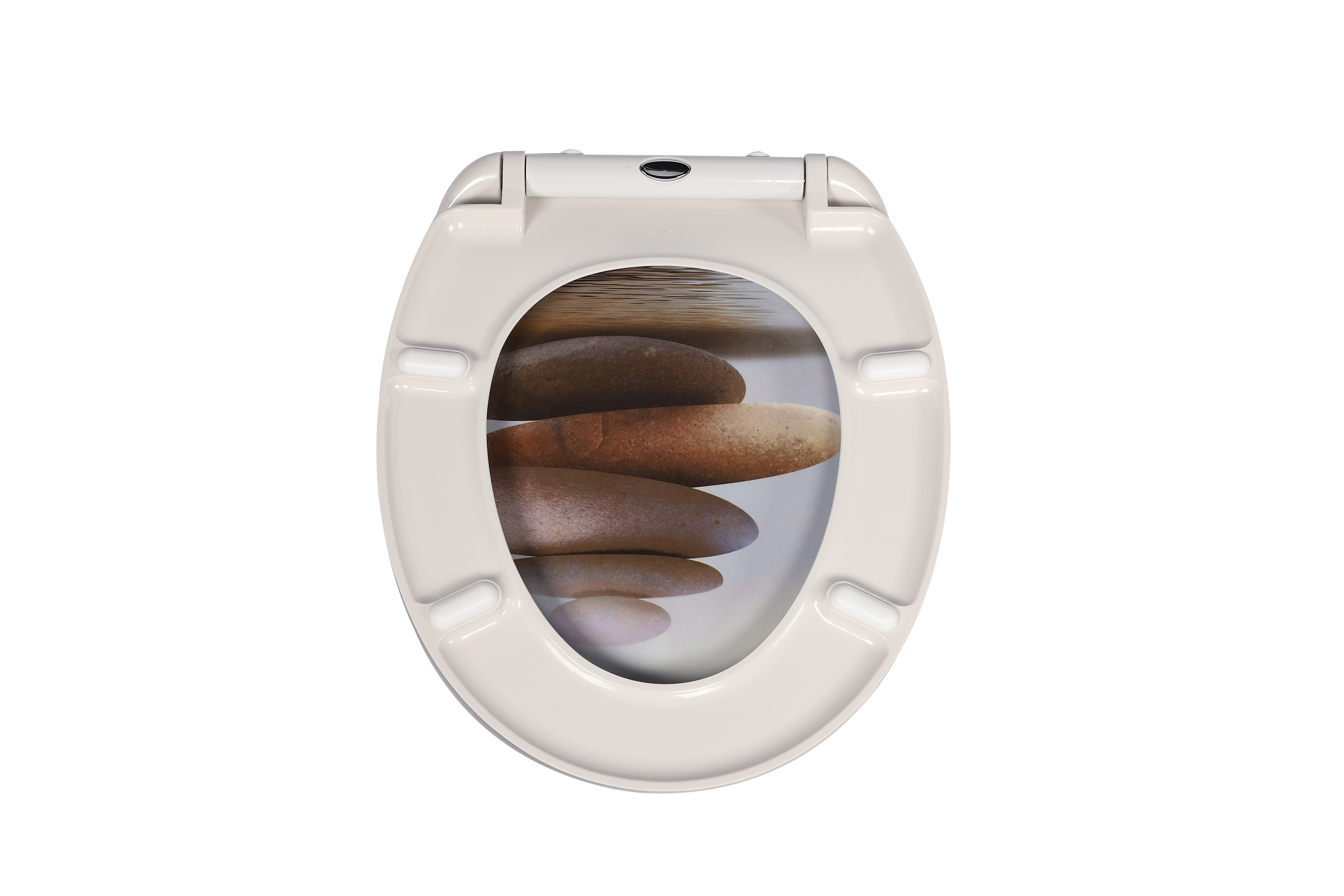 Detailansicht eines WC-Sitzes aus Duroplast, der sauber und glänzend ist