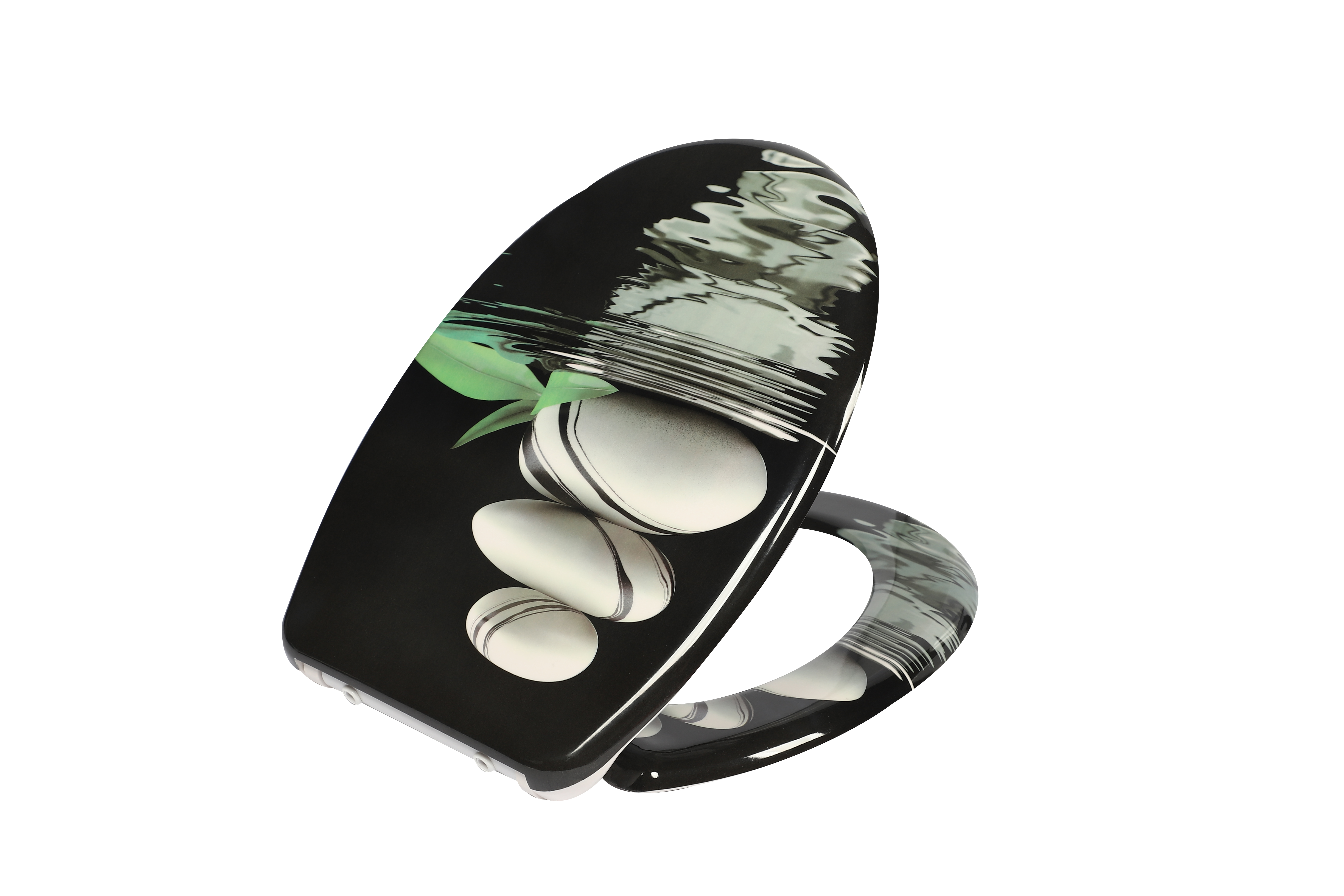 Nahaufnahme eines WC-Sitzes mit einem floralen Motiv