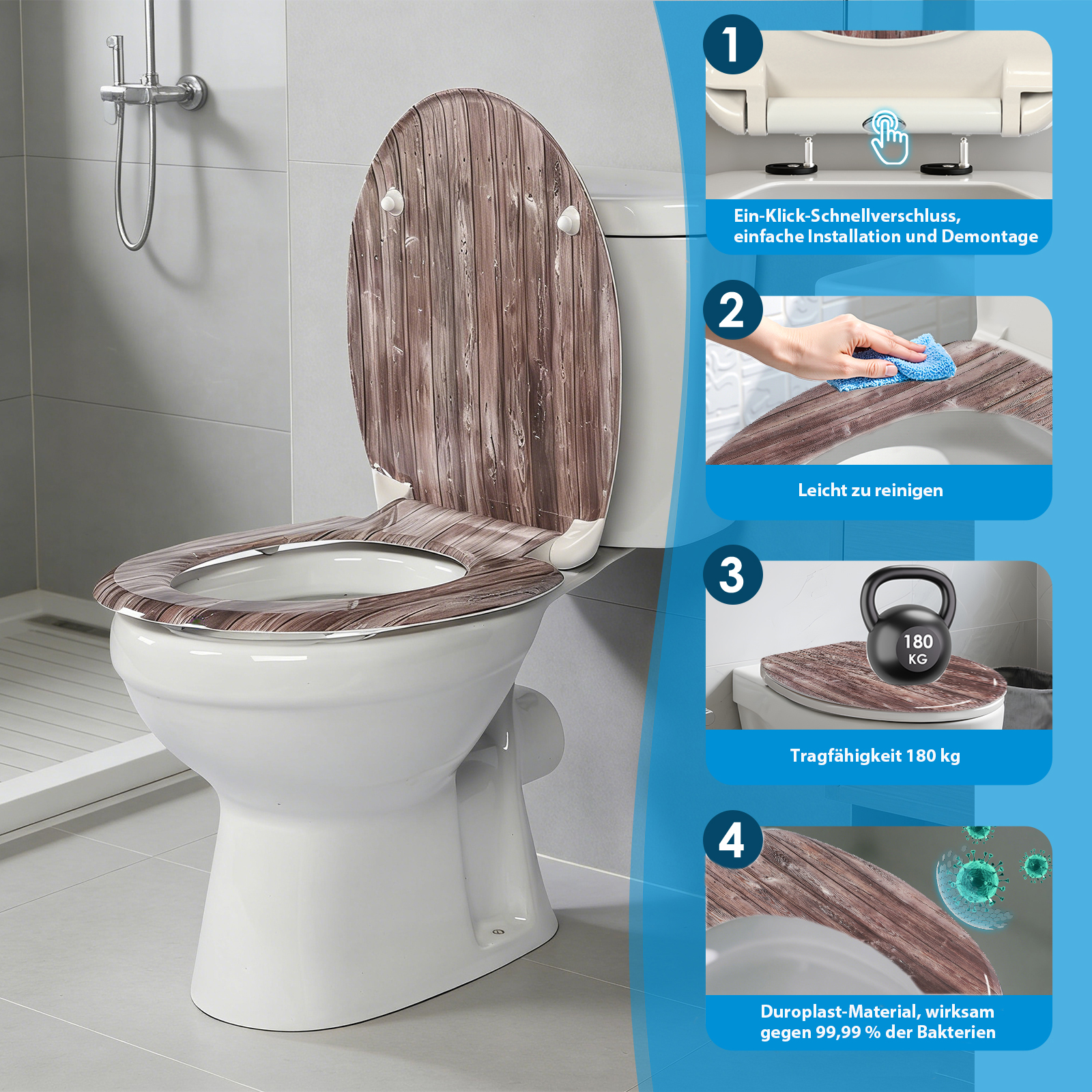 Badezimmer mit moderner Toilette und einem stabilen, eleganten WC-Sitz