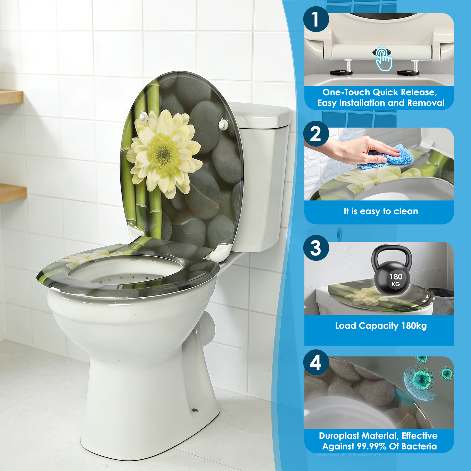 Nahaufnahme eines glänzenden, eleganten WC-Sitzes aus Duroplast, der Keramik ähnelt