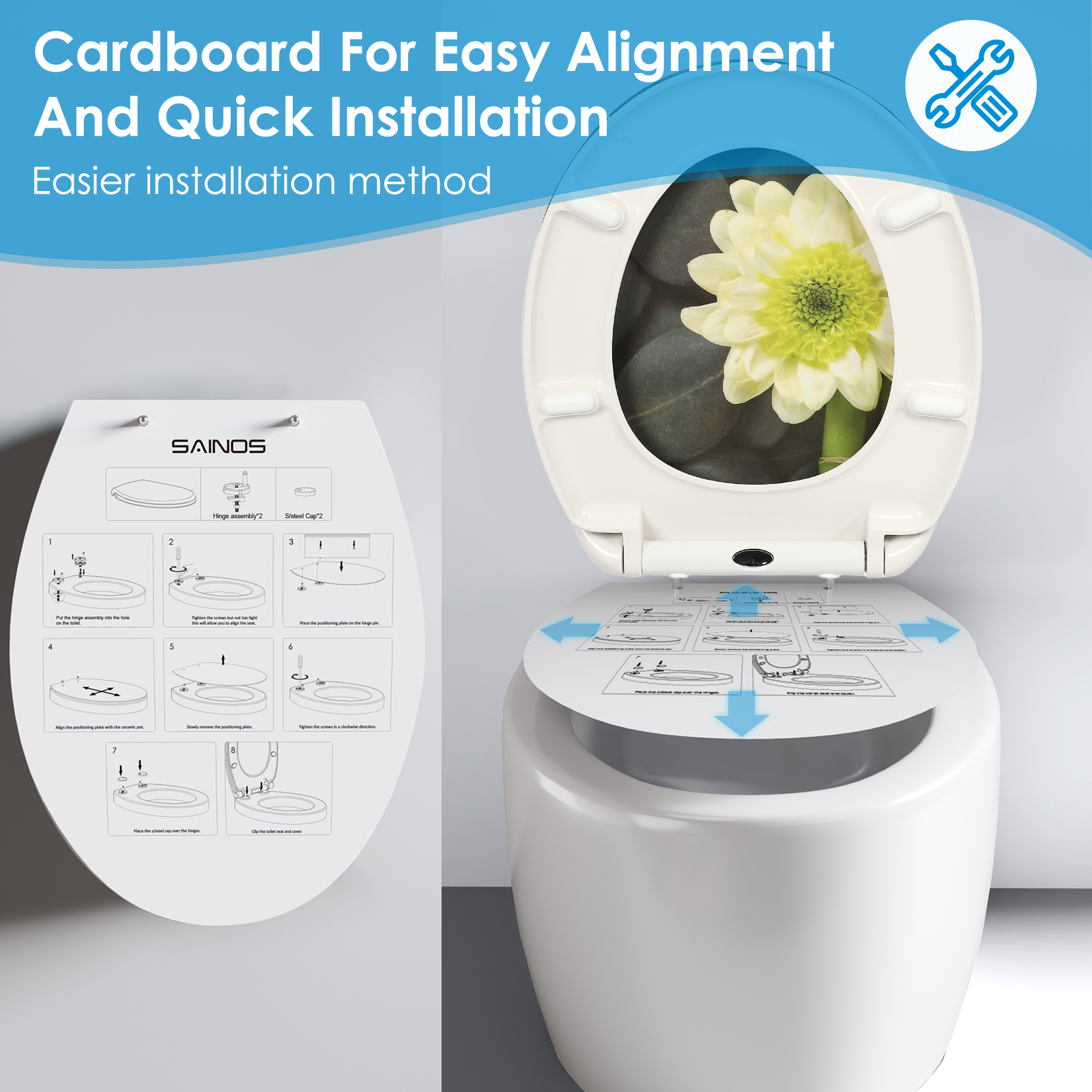 Nahaufnahme eines WC-Sitzes mit Absenkautomatik, der sich langsam schließt