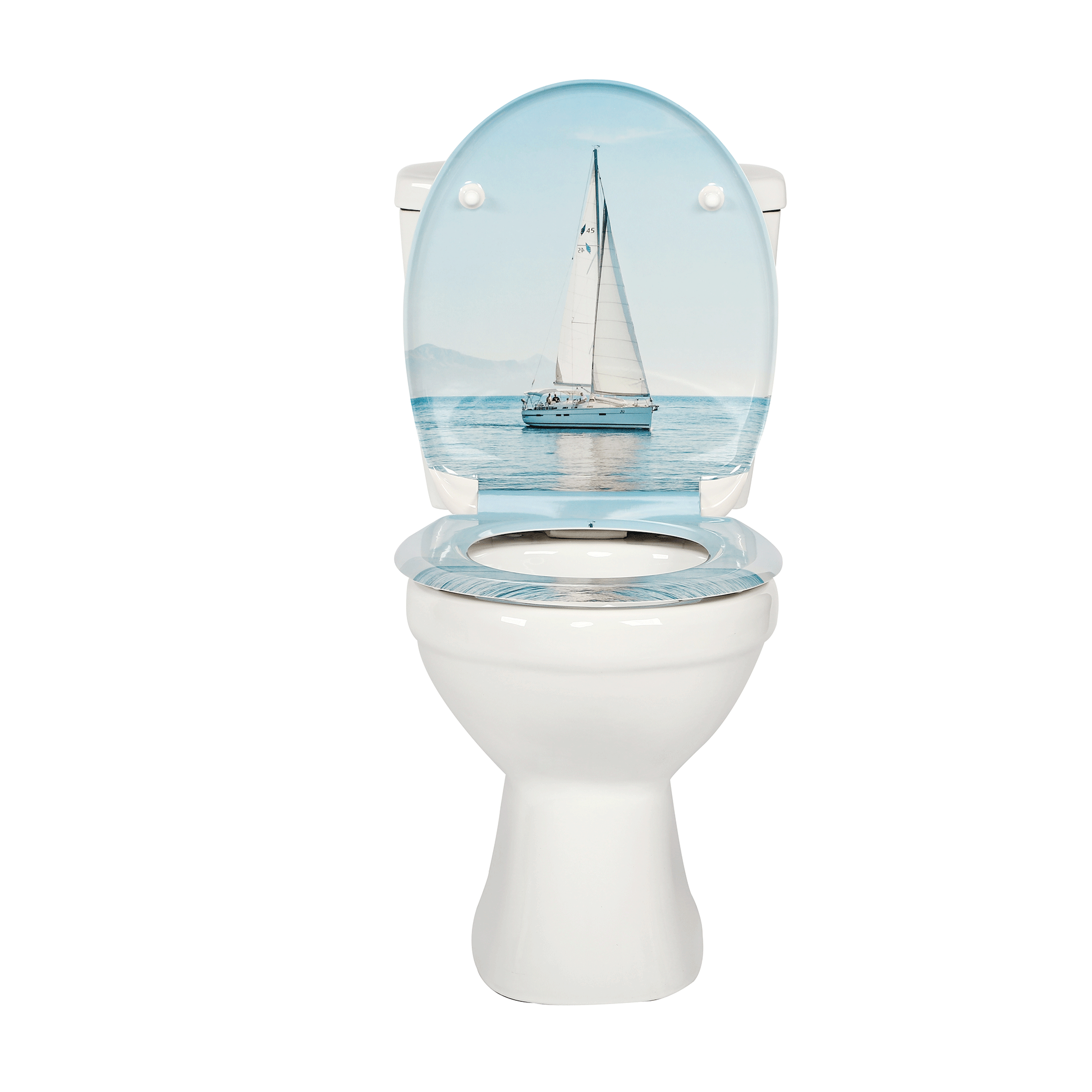 Verschiedene WC-Sitze in einer Reihe aufgestellt, um die Vielfalt zu zeigen