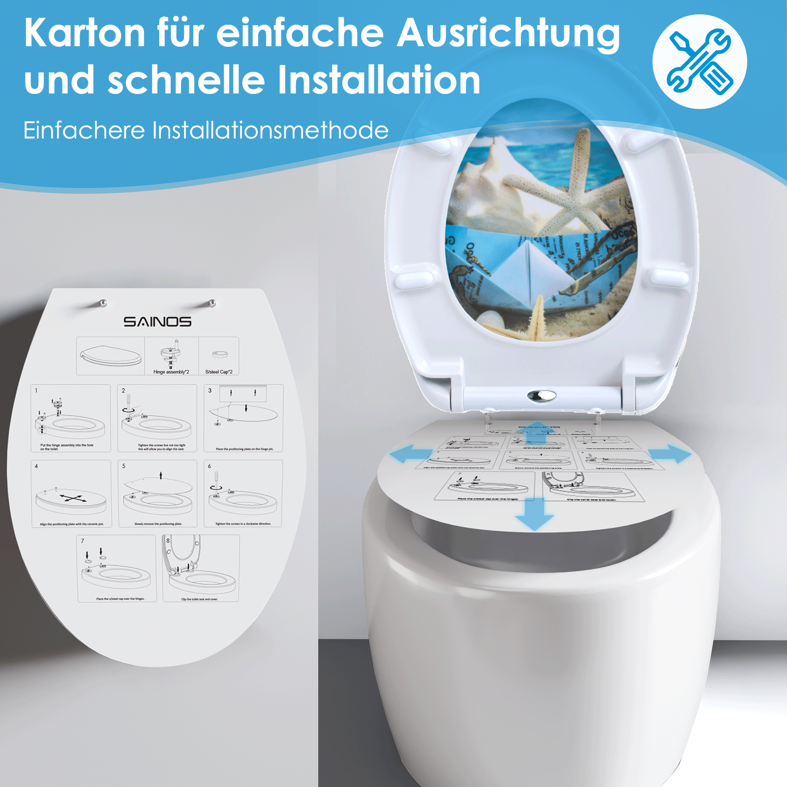 Nahaufnahme einer Toilettensitzbefestigung mit einem Spezialschlüssel