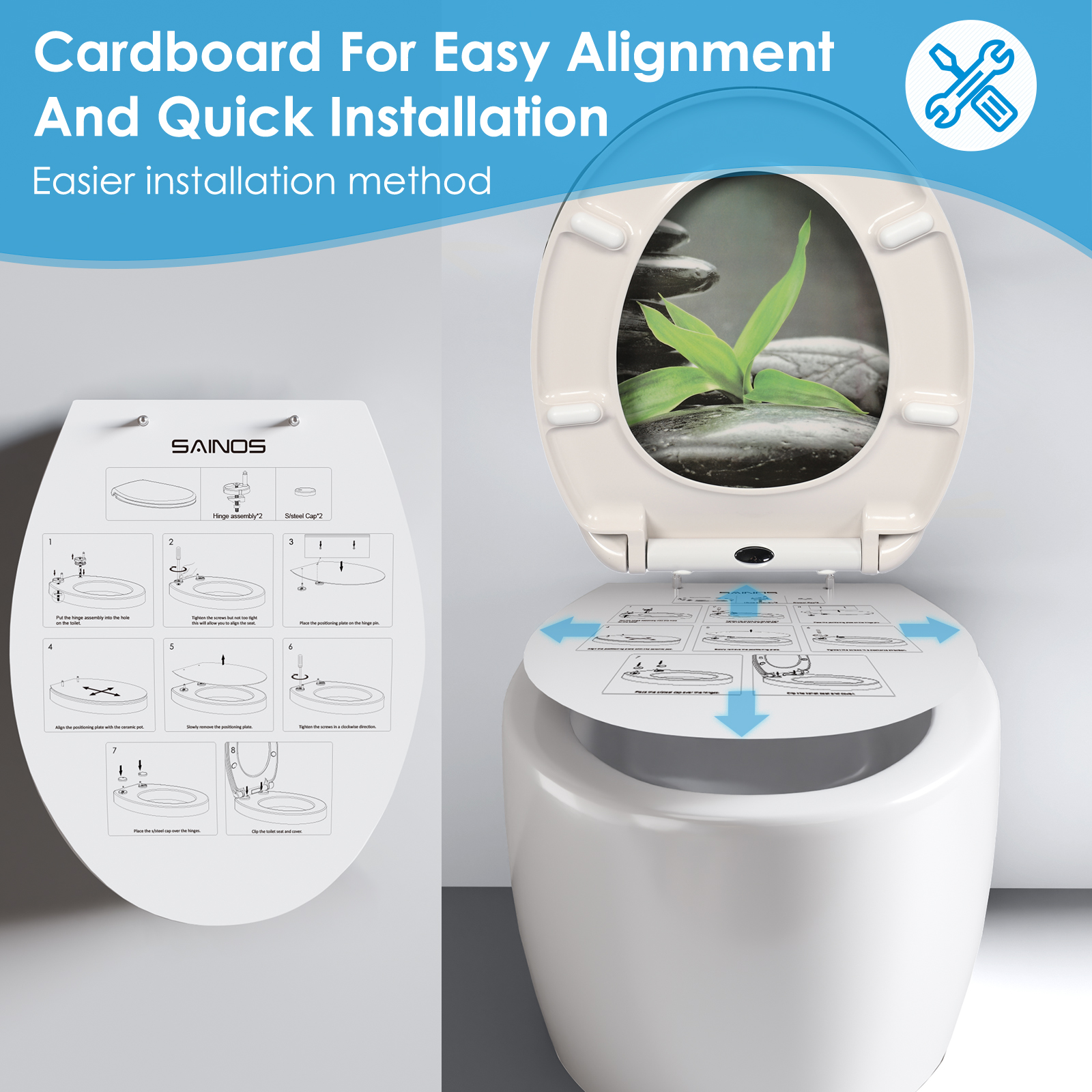 Nahaufnahme eines WC-Sitzes mit Absenkautomatik, der langsam schließt