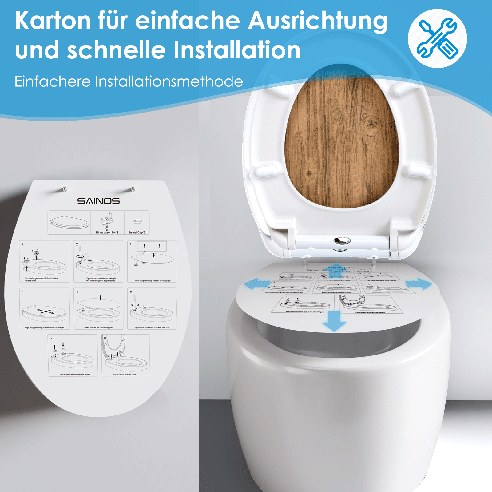 Frau reinigt Toilettensitz nach dem Abnehmen mit Quick-Release-System