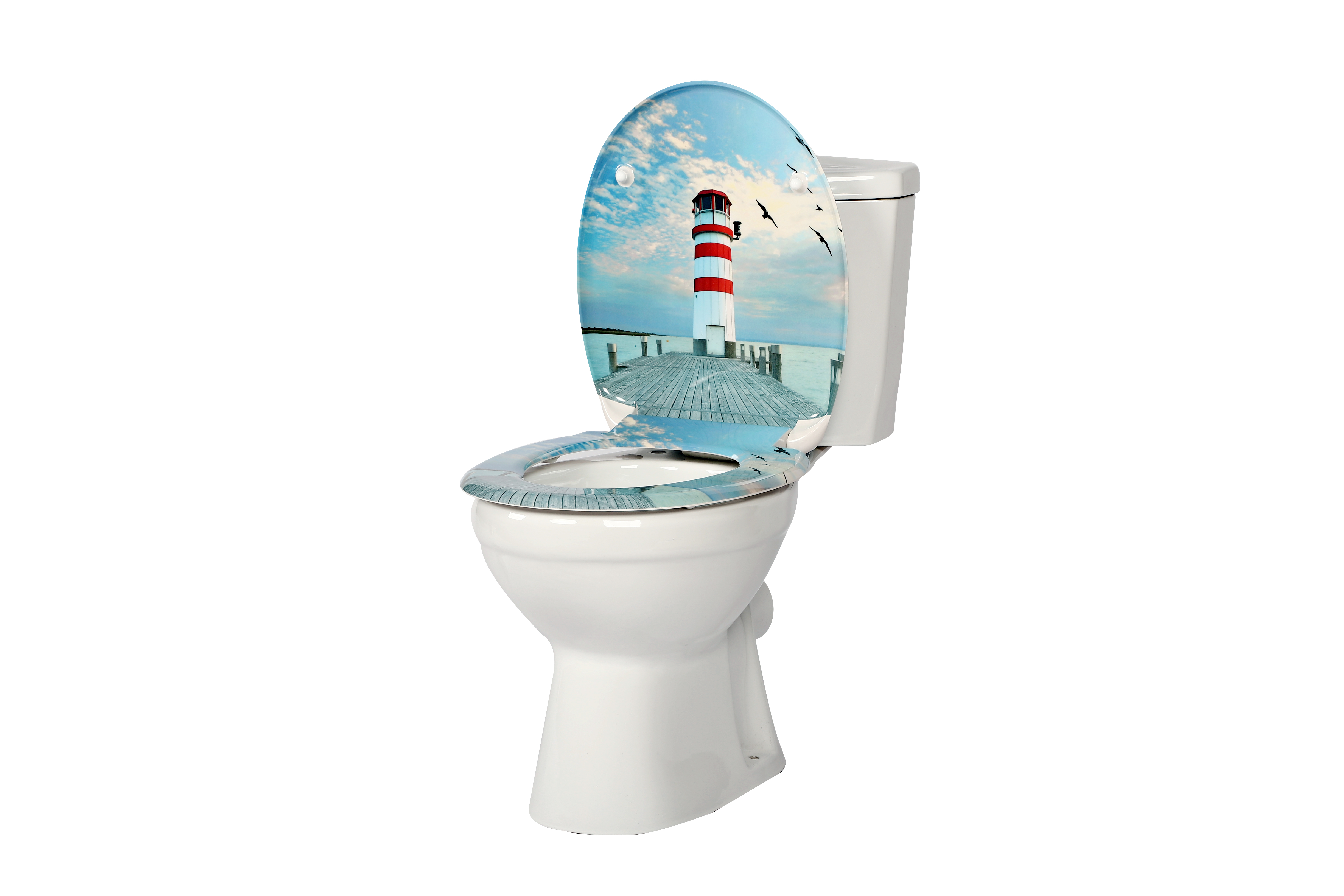 Nahaufnahme eines perfekt sitzenden WC-Sitzes auf einer Keramiktoilette