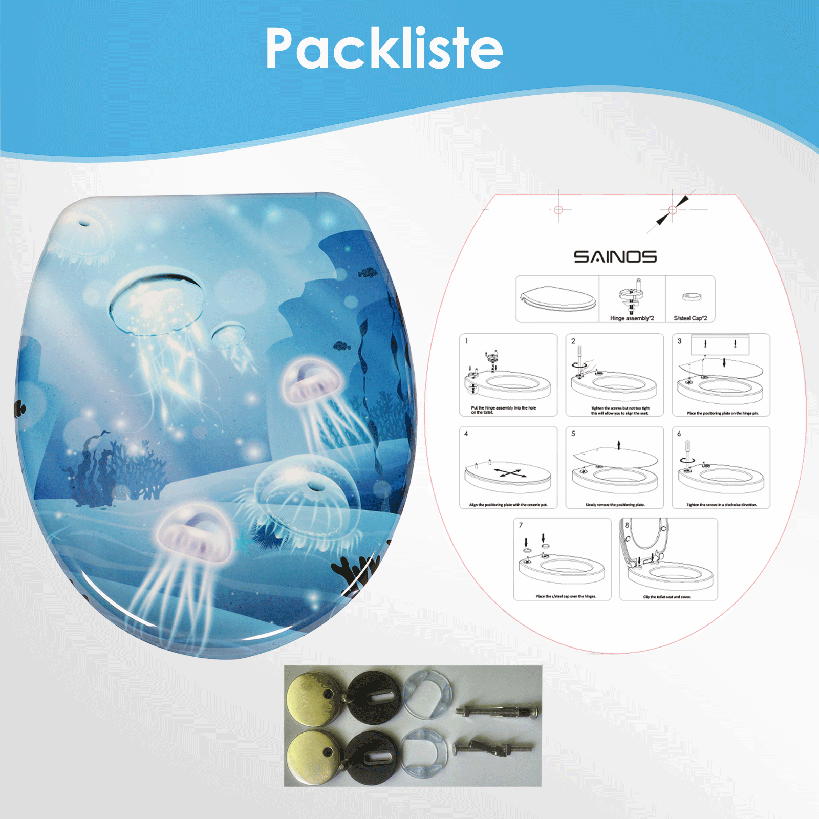Sauberes WC-Becken mit abgenommenem Sitz und gereinigten Scharnieren
