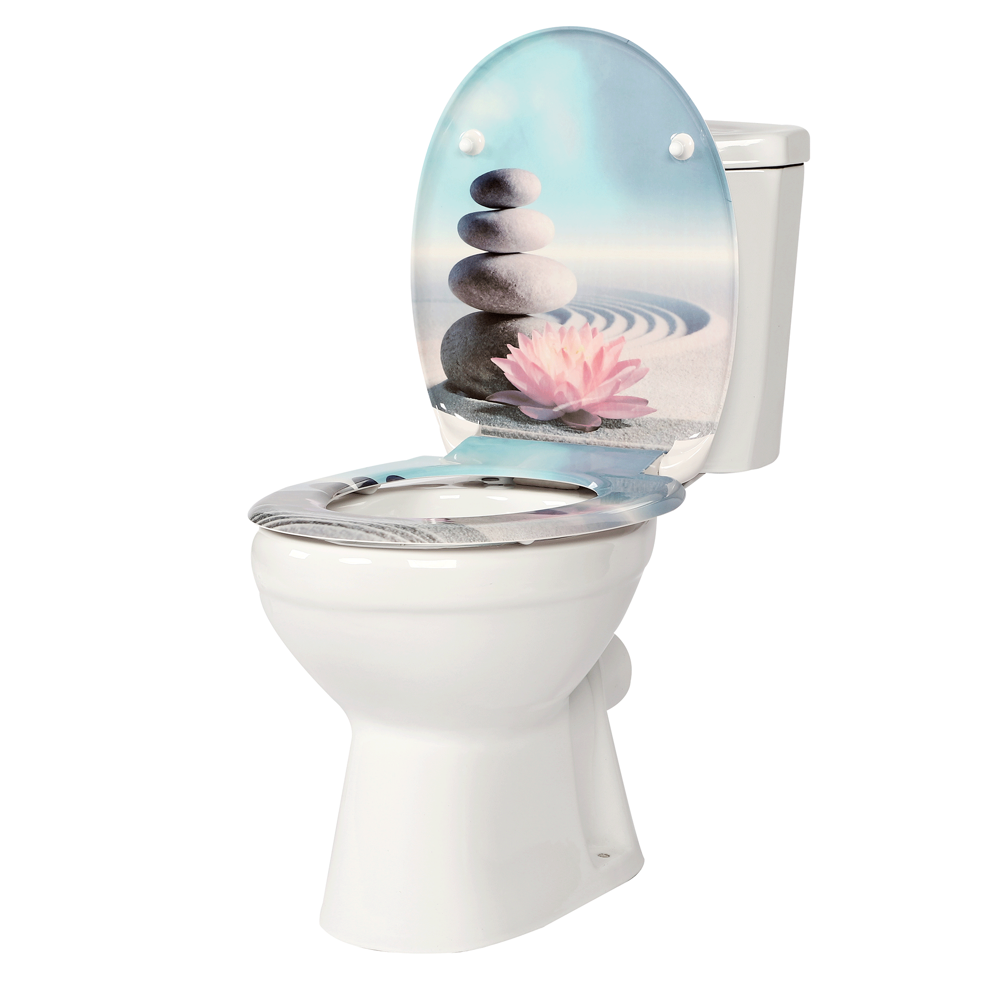 Eine Person montiert einen WC-Sitz mit Werkzeug