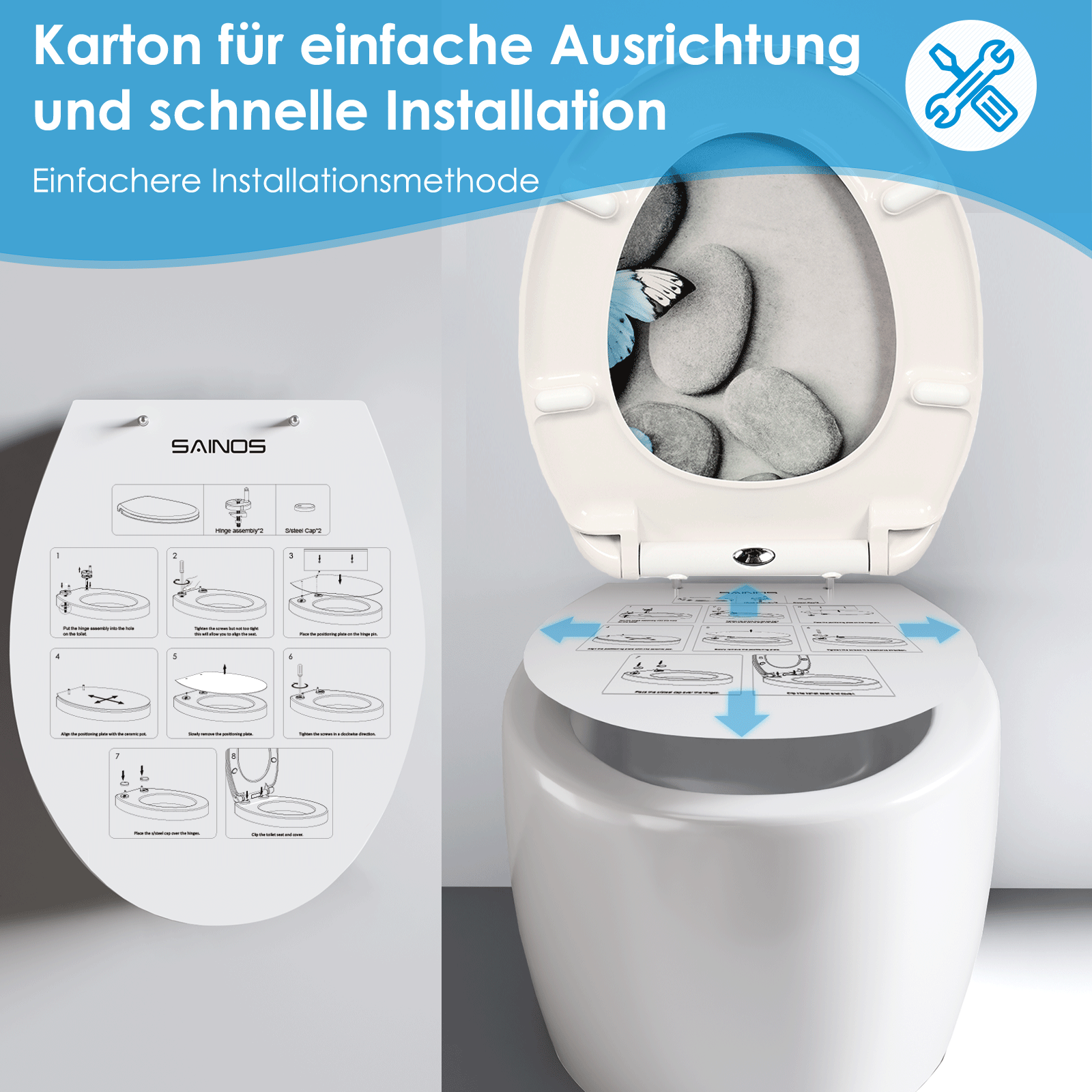 Verschiedene Werkzeuge wie Schraubenschlüssel und Schraubendreher liegen neben einem neuen Toilettensitz