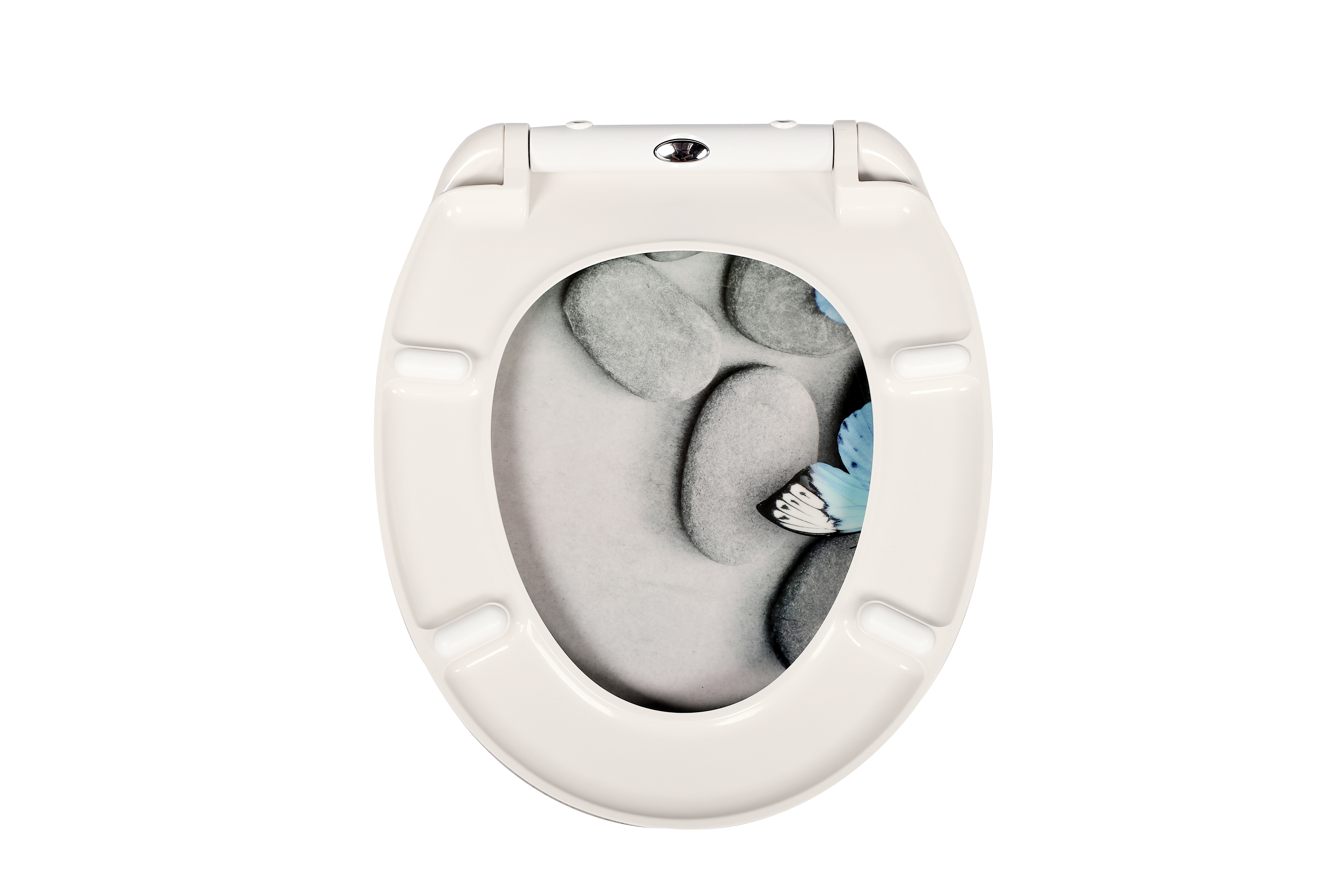 Nahaufnahme eines WC-Sitzes mit Absenkautomatik, der langsam schließt