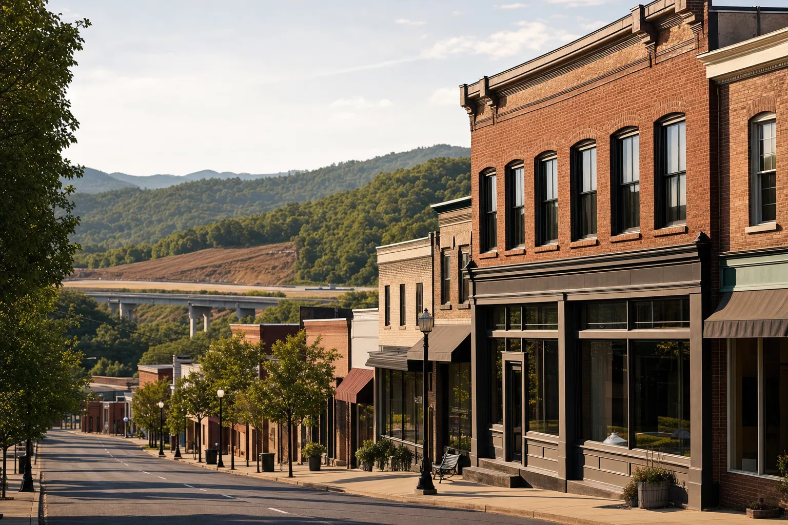 Southwest Virginia commercial corridor with brick storefronts and mountain backdrop
