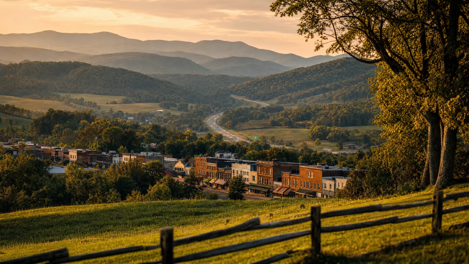 Southwest Virginia landscape with Blue Ridge mountains and small-town Main Street