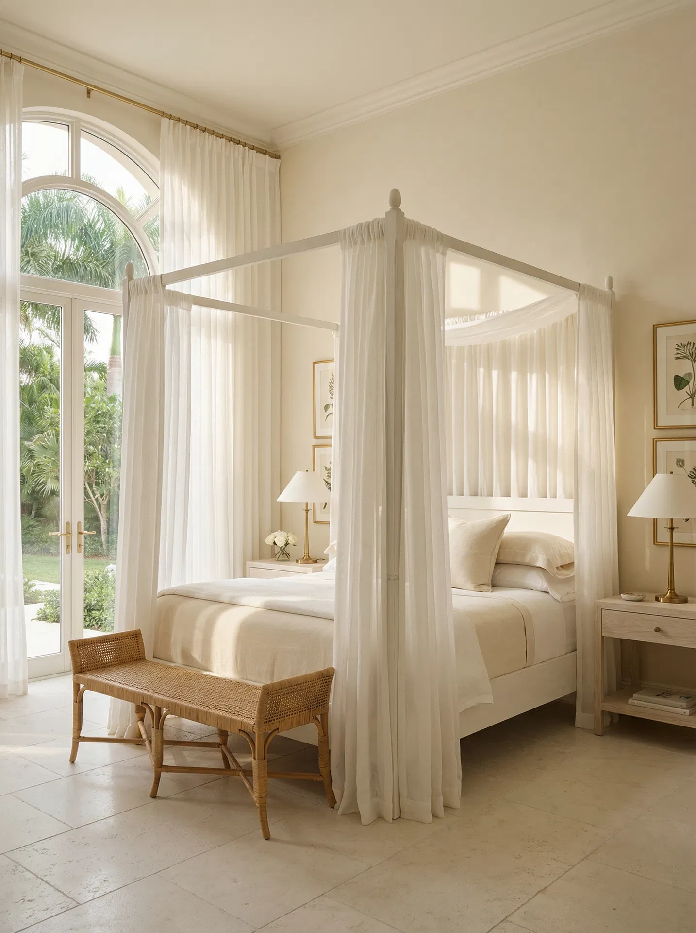 White canopy bed, ivory linen
