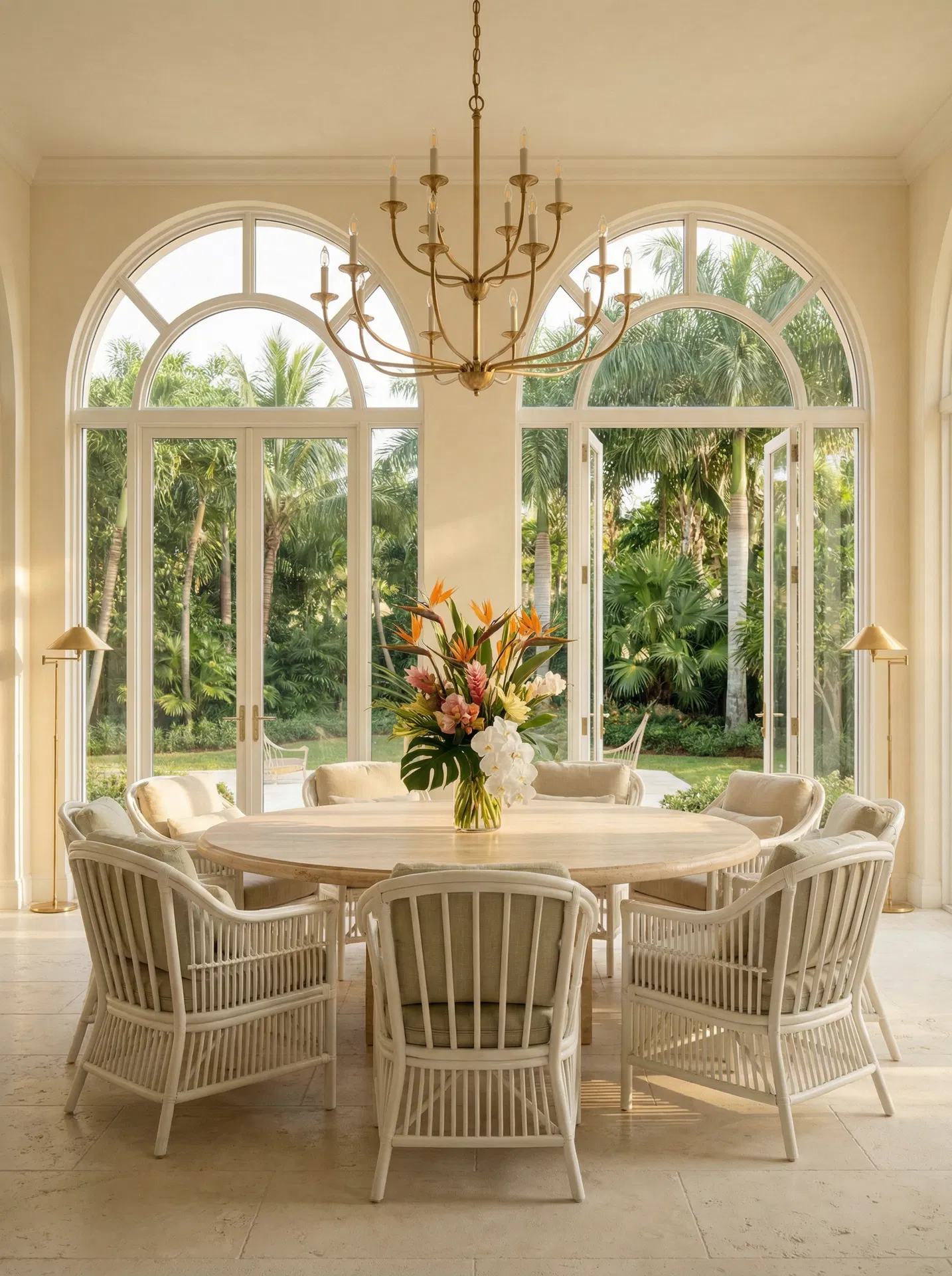 Round table, white arches, royal palms