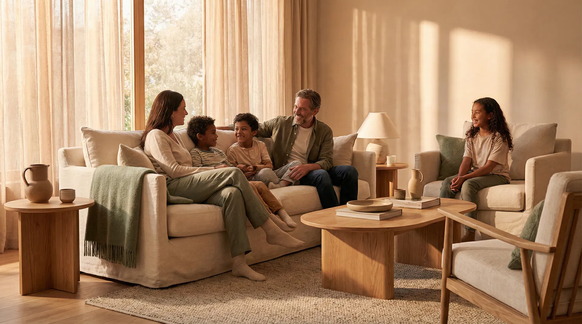 Family together in warm living room
