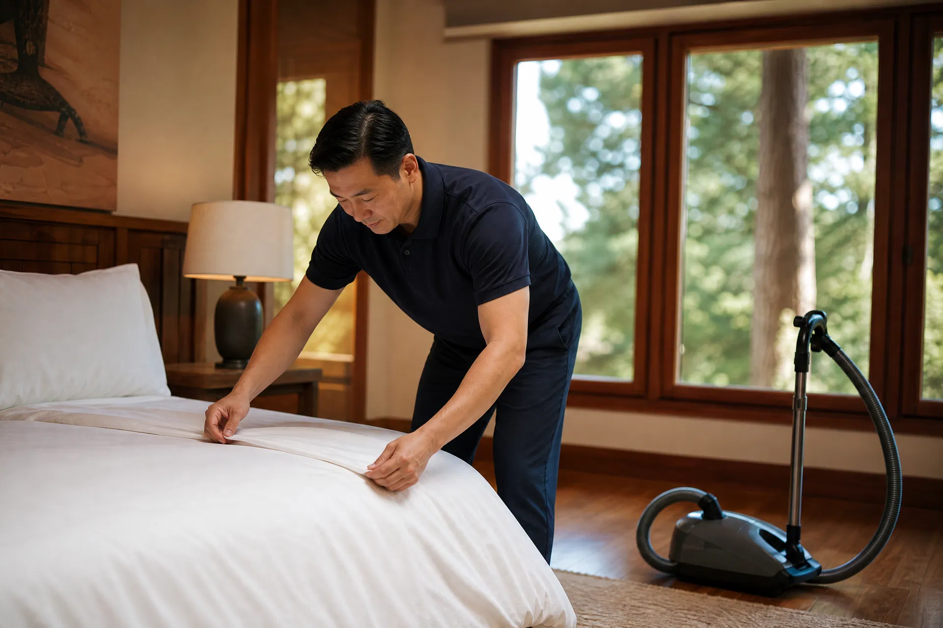 Professional cleaner making a hotel-style bed in a Marin County vacation rental with redwood views
