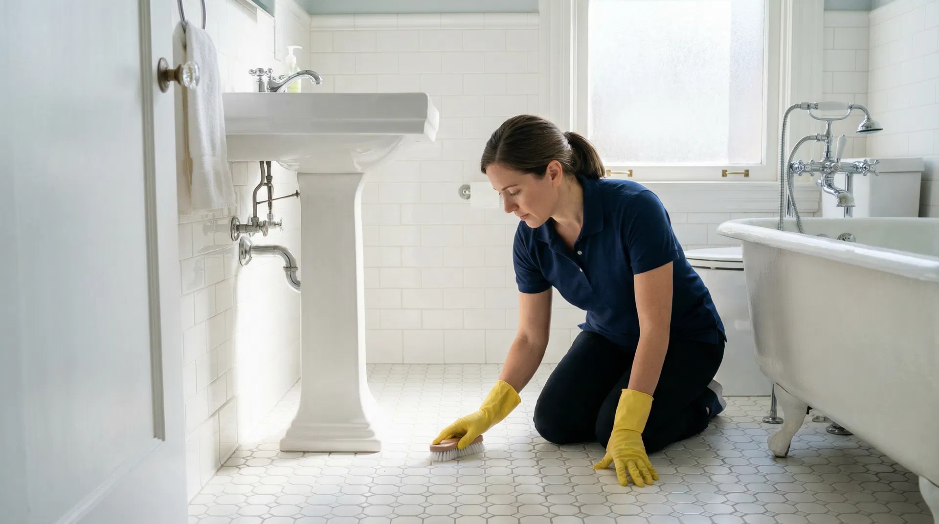 Professional cleaner scrubbing bathroom tile grout in a San Francisco Victorian home