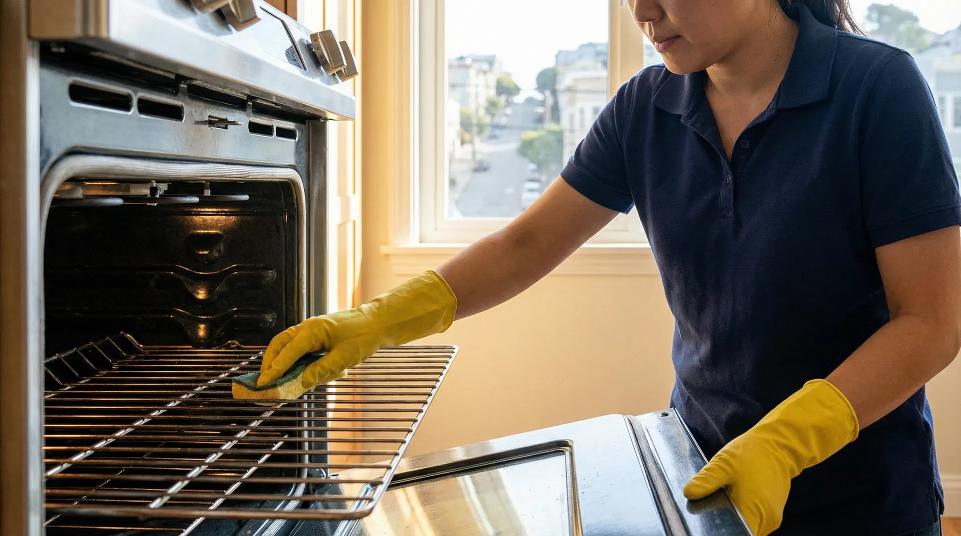 Professional cleaner scrubbing oven racks in a San Francisco kitchen