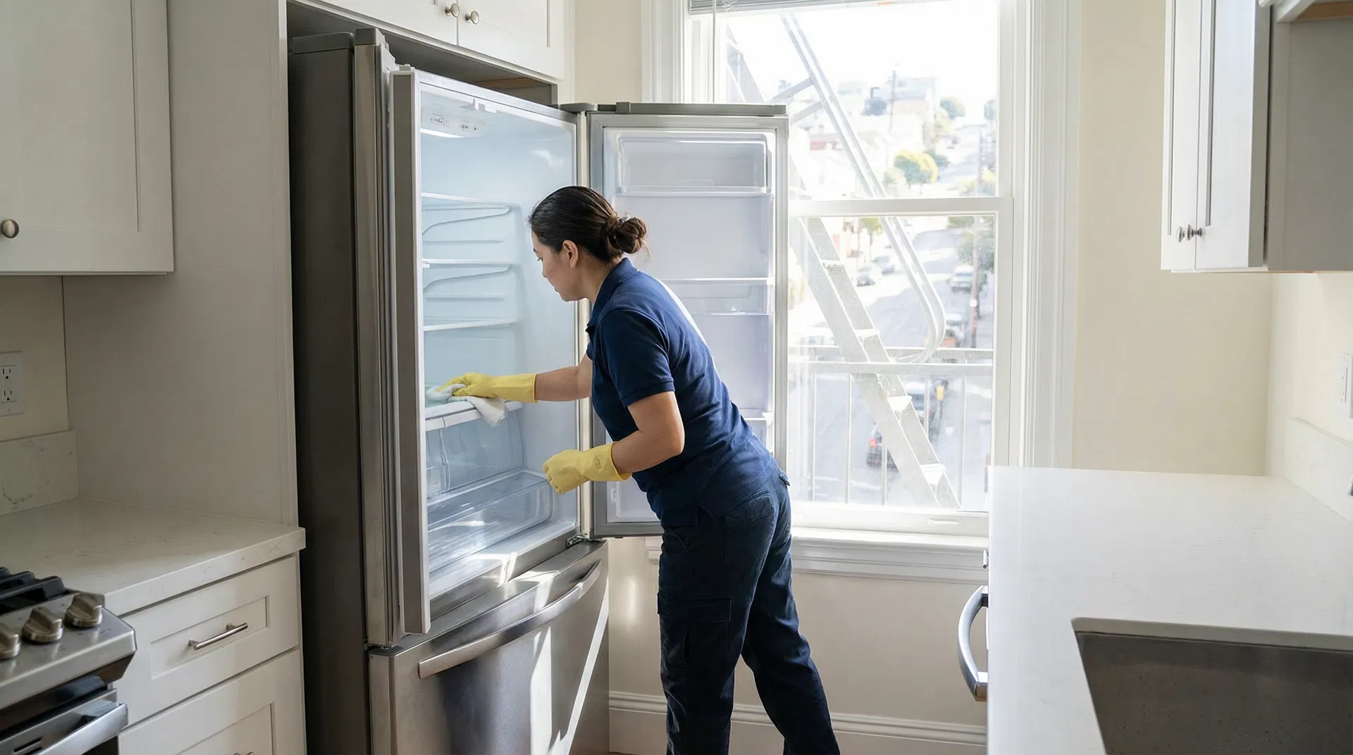 Professional cleaner wiping inside refrigerator in San Francisco apartment kitchen