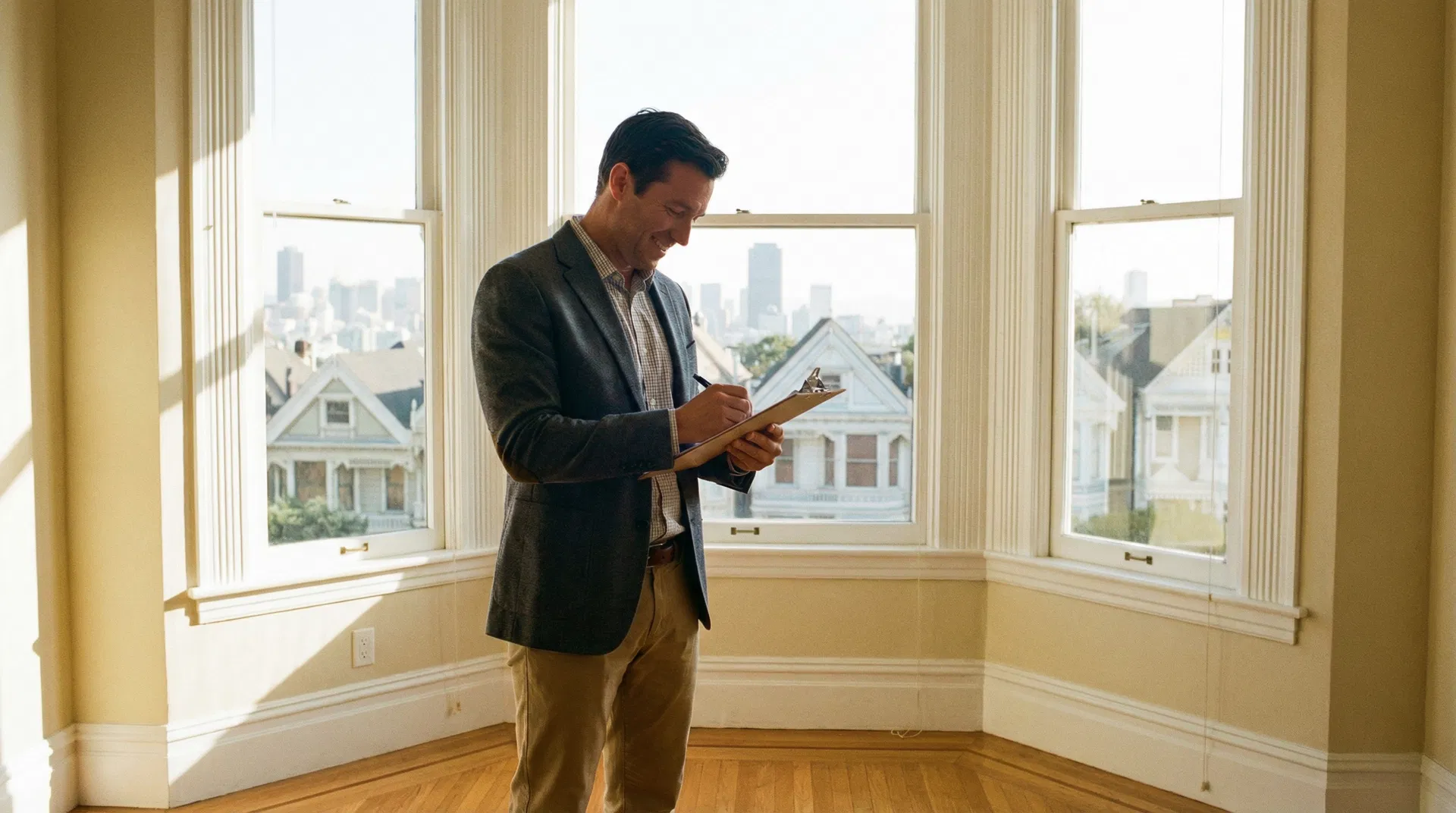 San Francisco landlord doing move-out inspection in empty Victorian apartment with city view