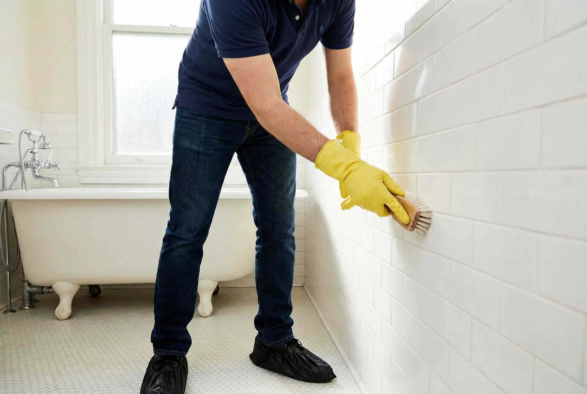 Green Planet Cleaning professional scrubbing bathroom grout with a stiff brush in a San Francisco Victorian bathroom — navy polo, dark denim, black shoe covers, yellow gloves