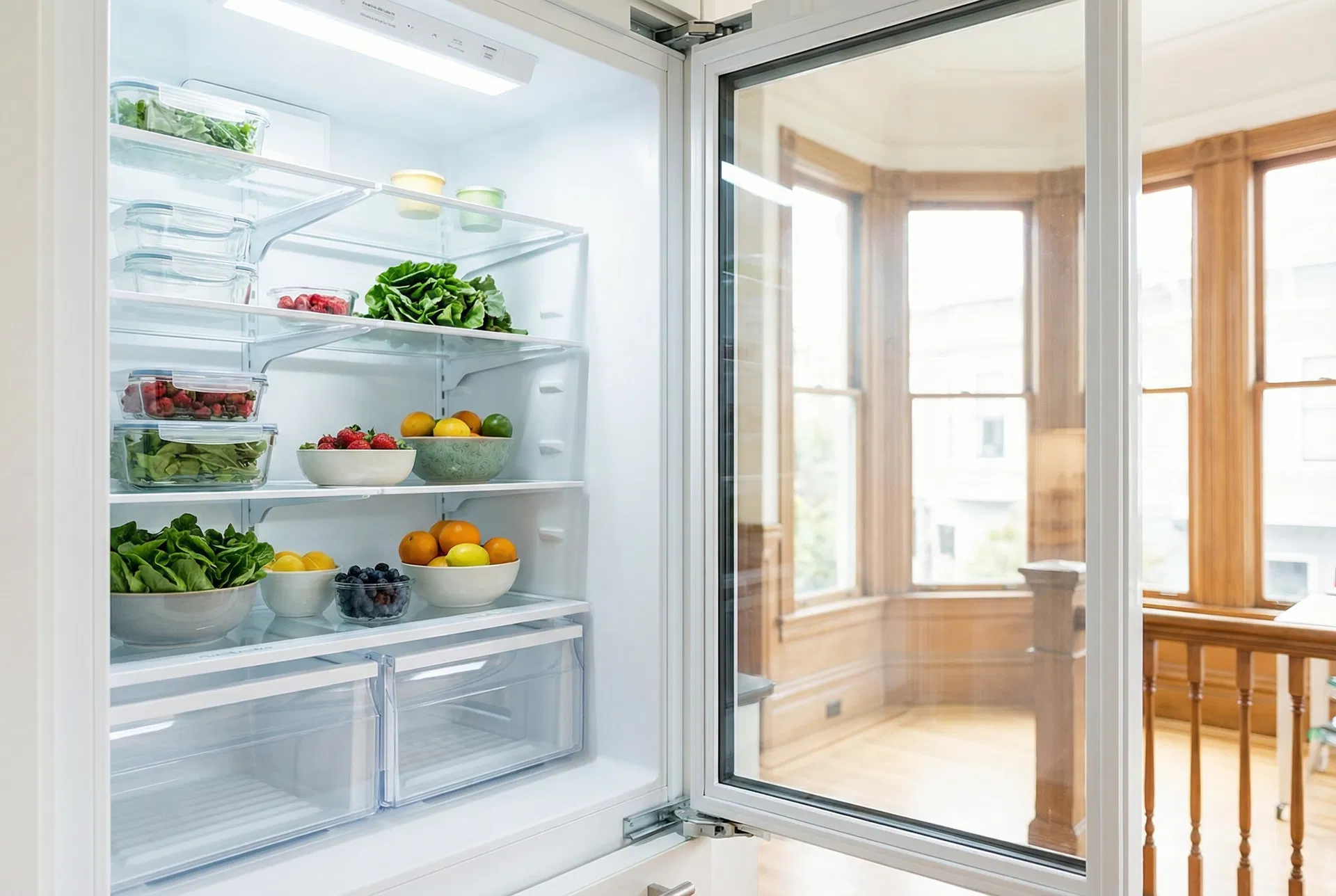 Sparkling clean refrigerator interior after professional deep cleaning in a San Francisco Victorian home — white shelves, organized fresh produce, SF bay windows visible in background