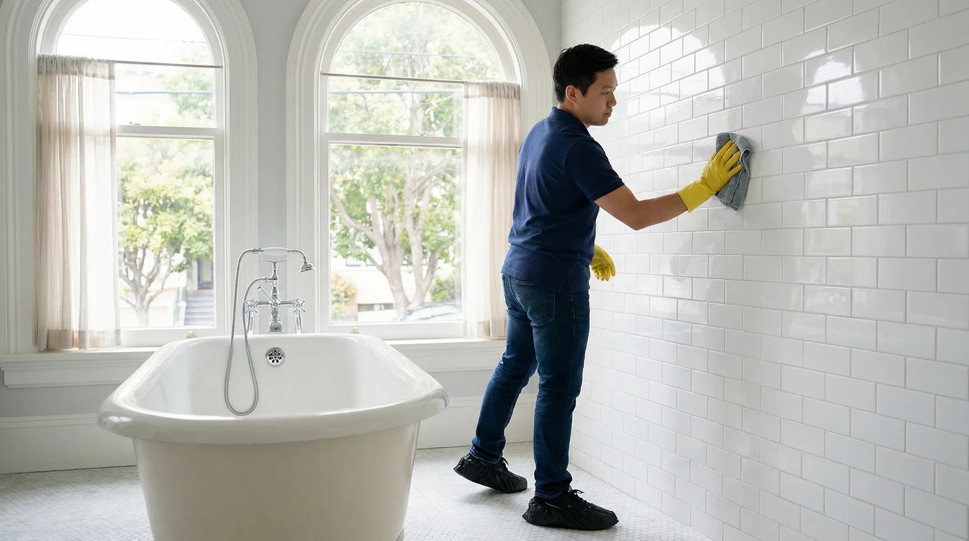 Green Planet Cleaning employee in navy polo shirt cleaning white subway tile wall in Victorian bathroom with clawfoot tub in Bernal Heights San Francisco