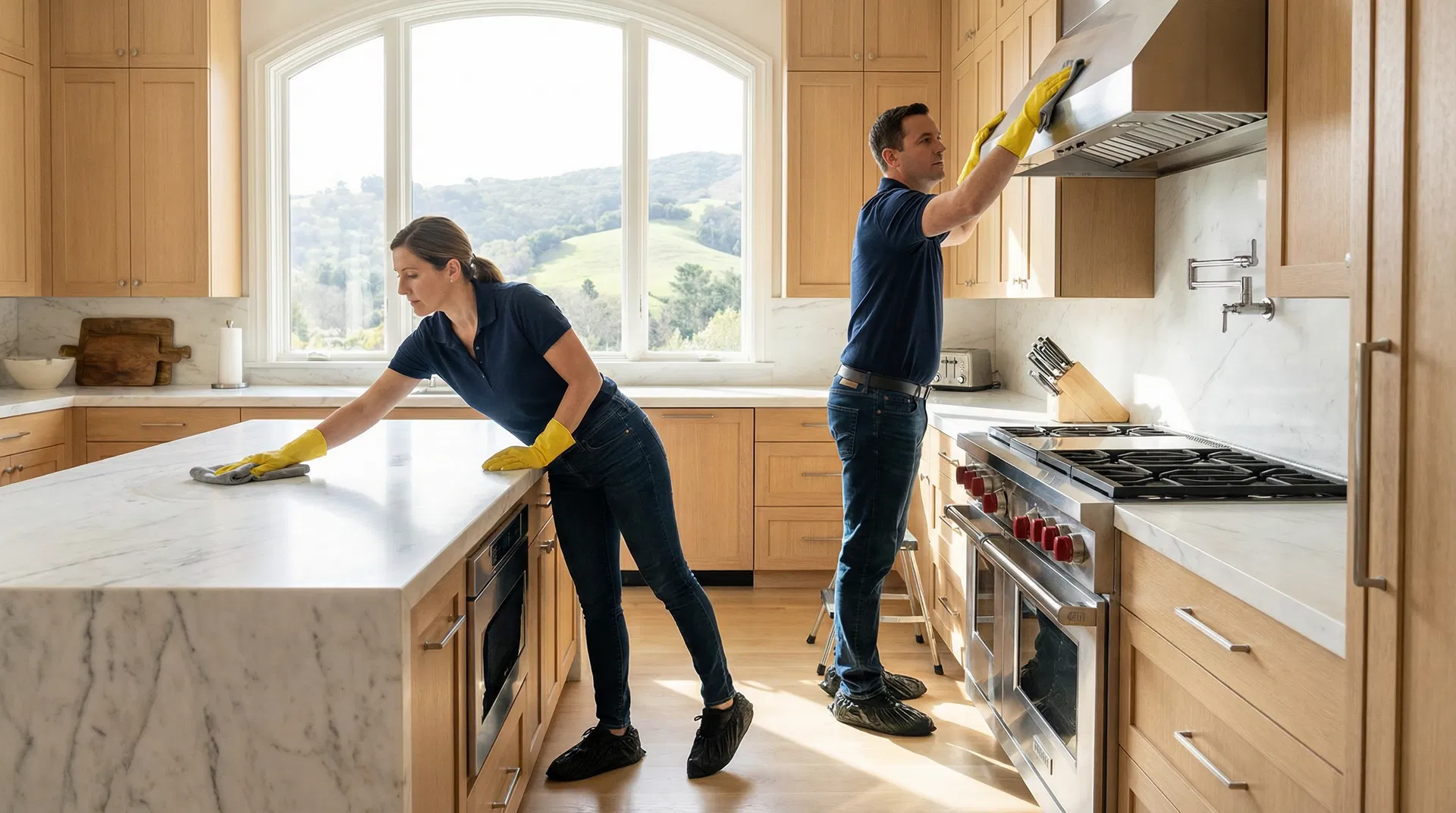 Two Green Planet Cleaning employees in navy polo shirts cleaning a grand Marin County estate kitchen with marble countertops and custom cabinetry