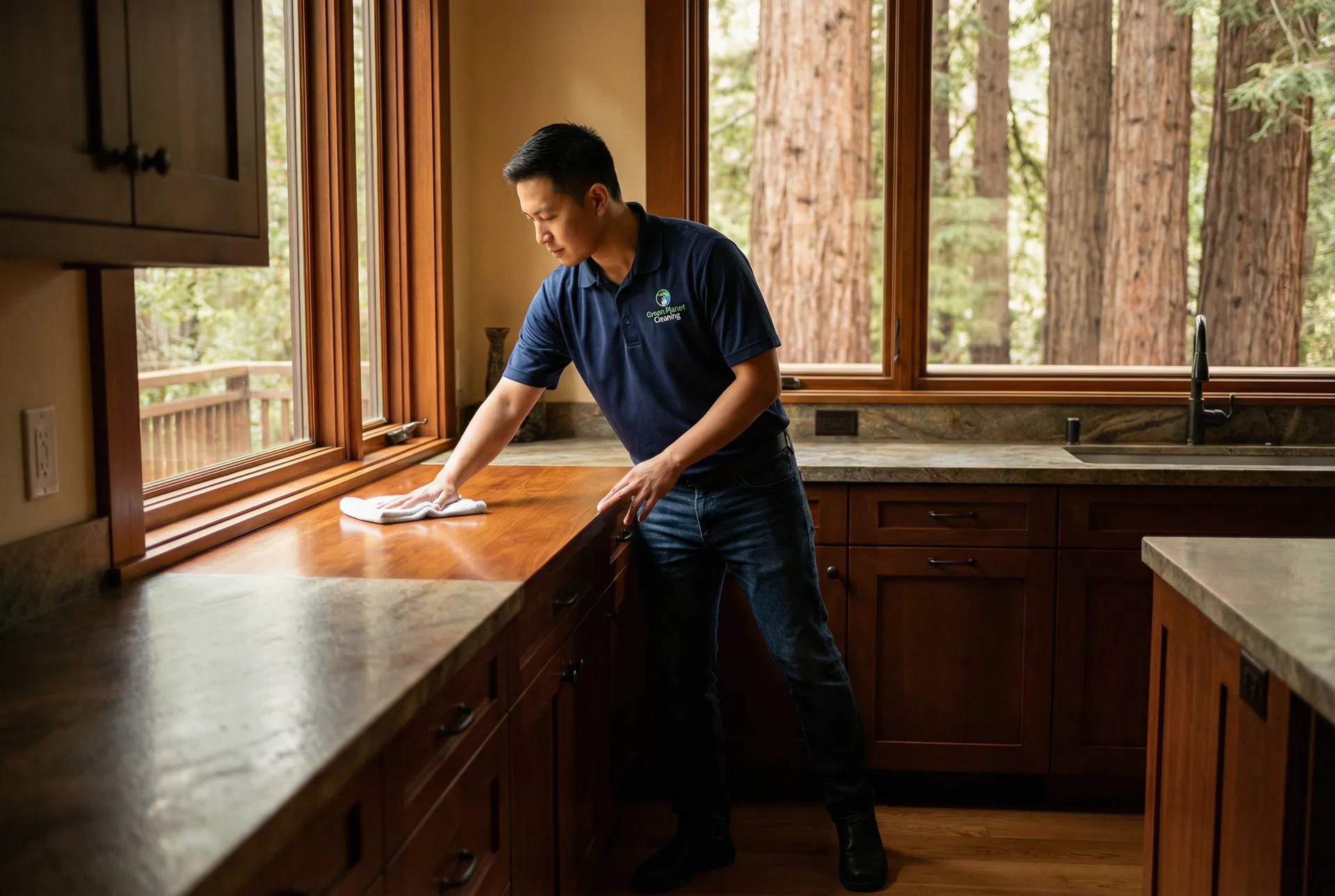 Green Planet Cleaning employee in navy polo shirt cleaning craftsman kitchen countertop in Mill Valley home with redwood trees outside window