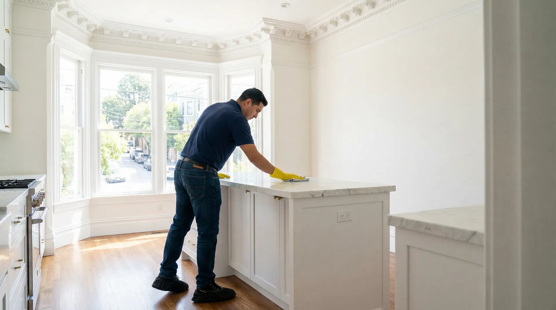 Green Planet Cleaning employee in navy polo shirt wiping marble kitchen island in renovated Noe Valley Victorian home with bay window and original crown molding