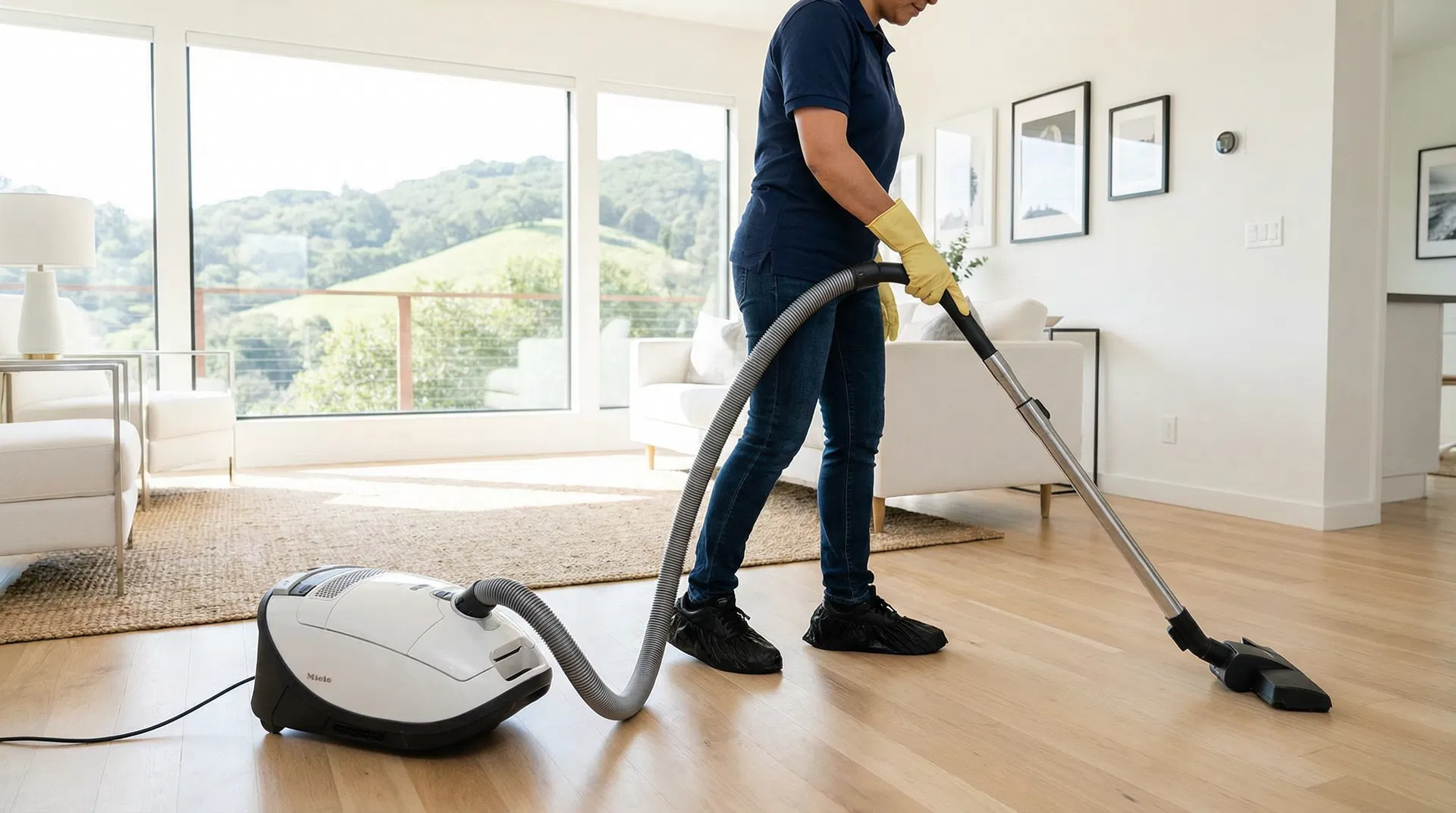 Green Planet Cleaning employee in navy polo shirt vacuuming with Miele canister vacuum in bright open-plan Novato home with Marin hills visible through window
