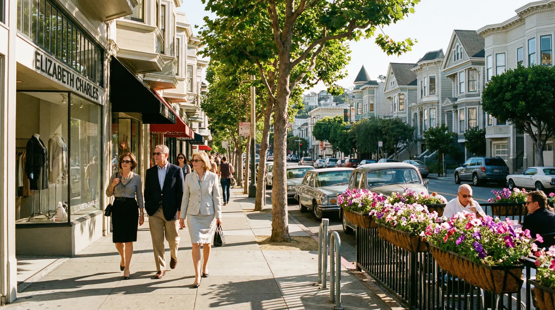 Fillmore Street in Pacific Heights San Francisco with boutique shops, tree-lined sidewalks, and Victorian buildings