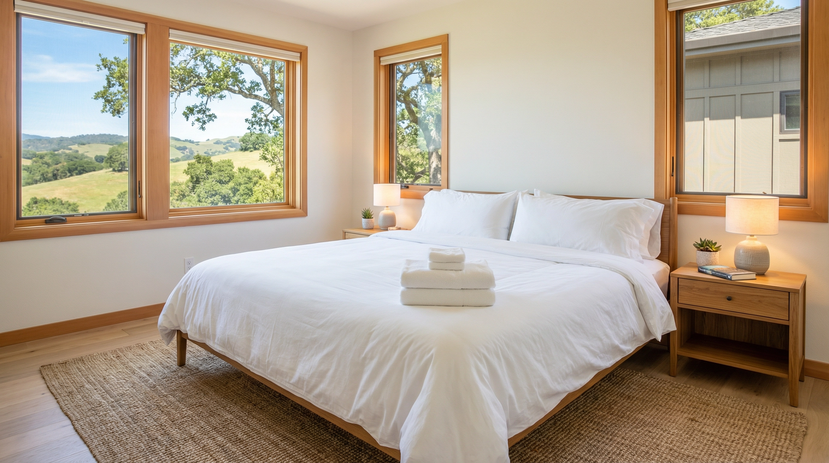 Beautifully staged Marin County Airbnb bedroom with crisp white hotel linens, folded towels, and rolling hills view through windows
